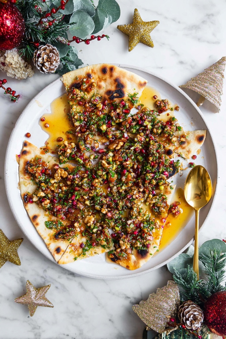 A white plate sits on a white marbled surface, topped with a torn flatbread that is golden brown and soft with some charred edges. The flatbread is spread unevenly with a glossy, chunky mixture of finely chopped nuts, herbs, and dried red berries soaked in a shiny amber oil that pools in the center and edges. The colorful topping includes green herbs, red pieces, and yellow oil, giving a textured, oily look. A gold spoon rests on the right side of the plate, and festive decorations with green leaves, pinecones, red berries, and small star and tree-shaped ornaments surround the plate. photo taken with an iphone --ar 2:3 --v 7