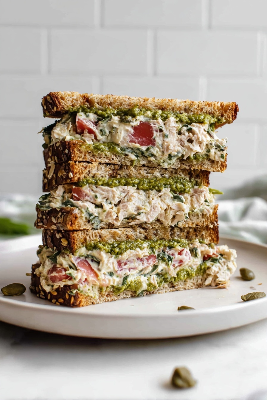 A sandwich cut in half and stacked, showing three layers of seeded whole grain bread with seeds visible in the crust and crumb, each layer spread with a creamy, light beige tuna salad mixed with small green herbs and bits of red tomato slices. A layer of green sauce or pesto is spread on the inner sides of the bread on both sandwich halves. The sandwich sits on a white plate with a few pieces of tuna salad and green capers scattered nearby, all placed on a white marbled surface with a blurred white tiled background. photo taken with an iphone --ar 2:3 --v 7