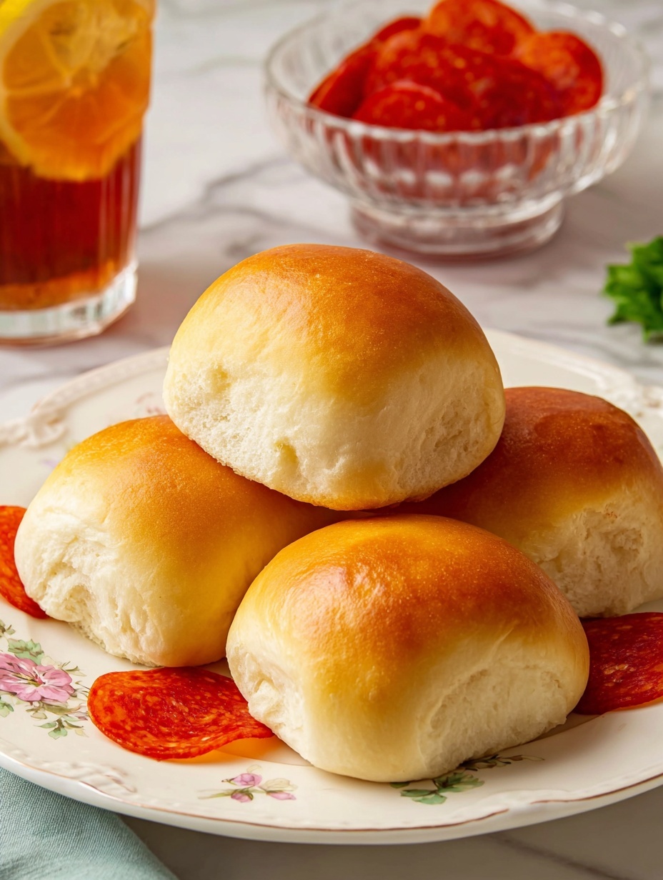 The image shows five golden brown rolls on a white plate with a delicate floral pattern. Each roll is smooth with a slightly shiny, baked crust and soft rounded edges, arranged in a small pile. Around the rolls, thin slices of bright red pepperoni are placed, adding a pop of color. In the background, there is a glass of iced tea with lemon slices inside, and a small glass bowl filled with more pepperoni slices, set on a white marbled surface. A green garnish is placed near the rolls on the left side. The photo taken with an iphone --ar 2:3 --v 7