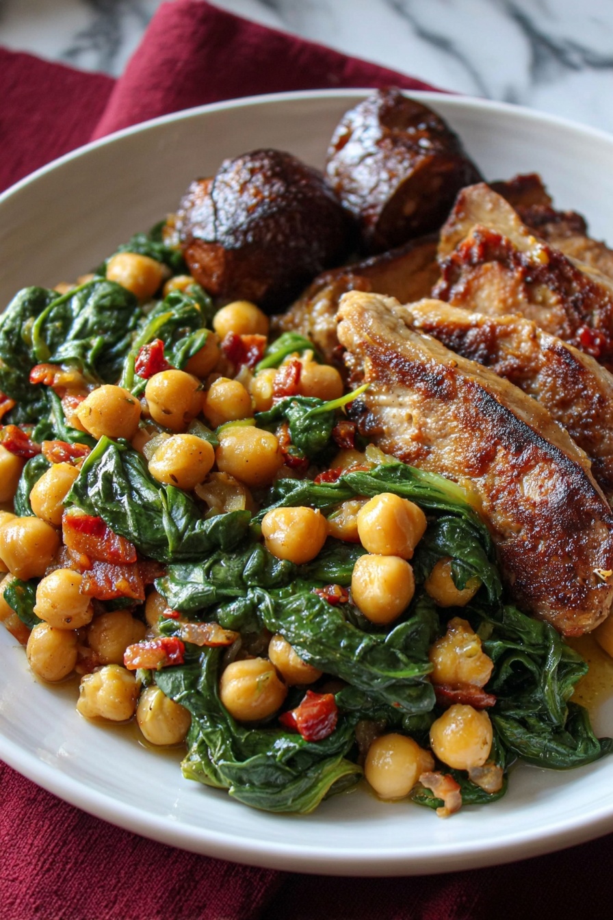 A white plate holds two main parts: one side shows cooked chickpeas mixed with bright green spinach leaves and small pieces of red and orange vegetables, creating a colorful, textured layer with a light sauce. The other side has golden-brown cooked chicken pieces, some sliced into smaller parts showing the white inside, and a crispy wing placed near the chickpeas. The plate sits on a soft, textured red cloth with folds. photo taken with an iphone --ar 2:3 --v 7