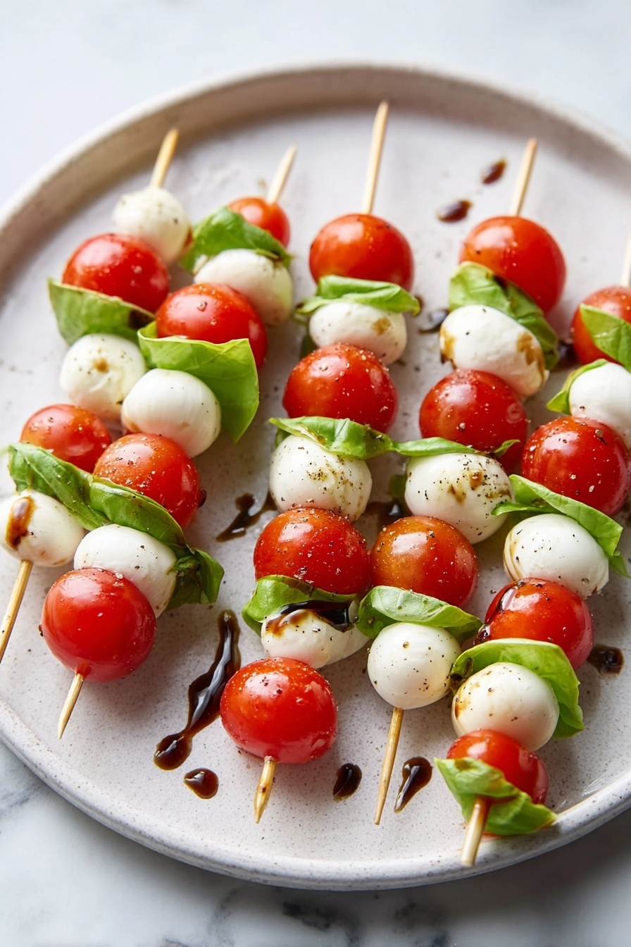 The image shows a white plate with seven skewers of Caprese salad arranged neatly. Each skewer has three layers: a bright red cherry tomato on top, a fresh green basil leaf in the middle, and a smooth white mozzarella ball at the bottom. The skewers are drizzled with a thin, dark balsamic glaze and sprinkled with a few tiny black pepper bits. The plate is set on a white marbled surface, adding a clean and elegant look. photo taken with an iphone --ar 2:3 --v 7