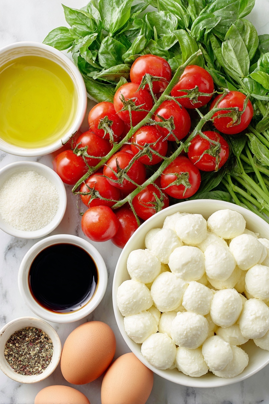 Flat lay of a small cluster of bright red cherry tomatoes, a handful of fresh vibrant green basil leaves, a few glossy miniature white mozzarella balls (ciliegine) arranged neatly, a small white ceramic bowl of golden extra-virgin olive oil, a small white ceramic bowl of dark, shiny balsamic glaze, a small white ceramic bowl of coarse kosher salt crystals, and a small white ceramic bowl of freshly ground black pepper placed on a clean white marble surface, soft natural light, photo taken with an iPhone, professional food photography style, fresh ingredients, white ceramic bowls, no bottles, no duplicates, no utensils, no packaging --ar 2:3 --v 7 --p m7354615311229779997