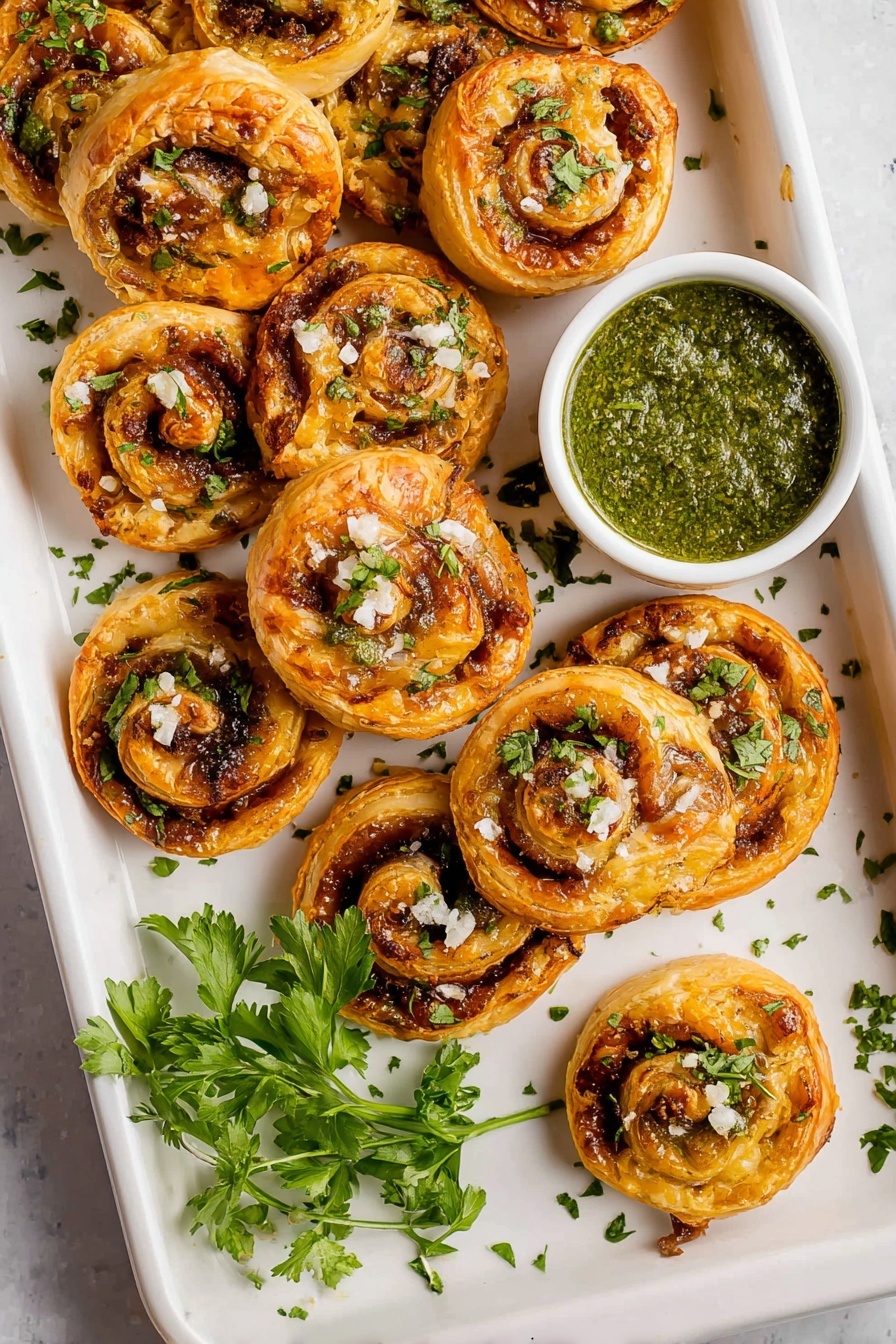 The image shows a white baking tray with a white marbled surface holding several small puff pastry pinwheels arranged in a scattered, casual layout. Each pinwheel has a golden-brown puff pastry outer layer with a darker, rich brown filling swirled inside, topped with green chopped parsley and a sprinkling of white grated cheese. The pinwheels vary slightly in color, some with a more orange tint to the pastry, others with a lighter beige, all with a flaky texture visible. Fresh green parsley sprigs are placed around the tray for garnish. On the right side of the tray, there is a small white ramekin filled with green herb sauce with a smooth but slightly textured surface. Photo taken with an iphone --ar 2:3 --v 7