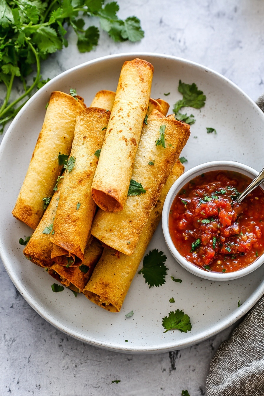 A white plate holds six golden-brown rolled tacos arranged in a loose pile with fresh green cilantro scattered underneath and around them. On the right side of the plate, there is a small white bowl filled with chunky red salsa topped with a few cilantro leaves and a sprinkle of black pepper, with a metal spoon resting inside. The background surface has a white marbled texture, and parts of a beige cloth and some green cilantro leaves are visible at the top left corner. In the lower left corner, there is a glimpse of a white bowl with a creamy white sauce sprinkled with black pepper. photo taken with an iphone --ar 2:3 --v 7