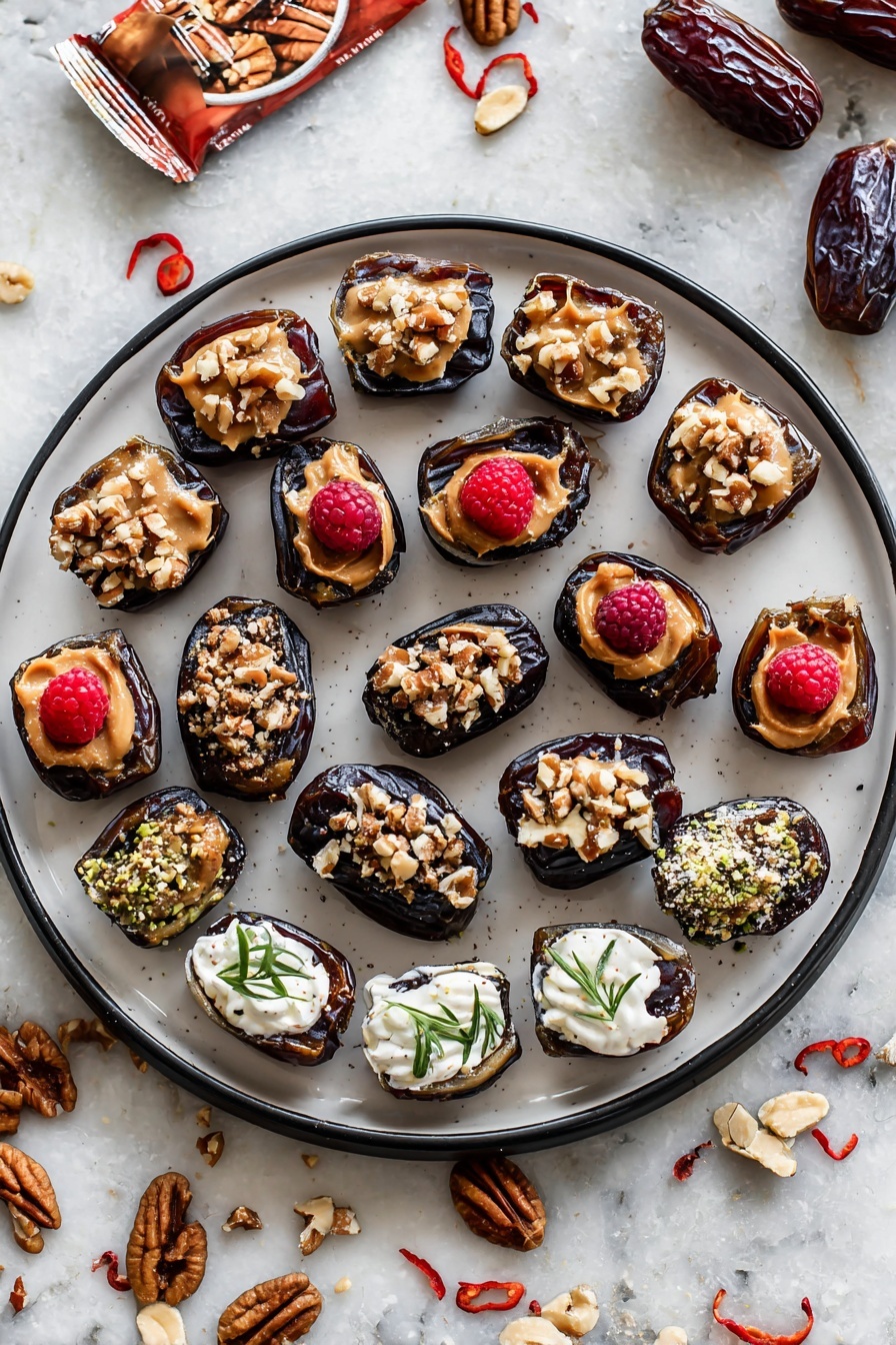 A white plate holds 16 halved dates arranged in a circle on a white marbled texture background. There are four different kinds of toppings on the dates: one group has a light brown creamy spread with a red raspberry on top; another features the same spread sprinkled with light chopped nuts; a third group is topped with a white creamy layer, a small pecan, and green herb bits; the last group shows white cream with a red strawberry slice inside the date halves. Some chopped nuts and pecans are scattered on and around the plate, with a small bowl of light nuts nearby. photo taken with an iphone --ar 2:3 --v 7