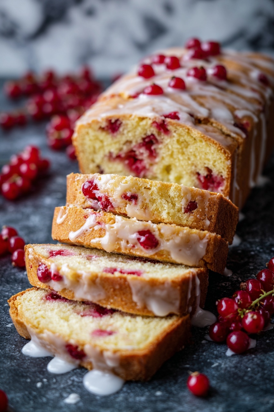 The image shows a loaf of yellow cake with red berries inside, sliced into six pieces and arranged in a row. The cake has a soft, crumbly texture with visible pieces of red berries evenly spread through each slice. The top of the cake has a light glaze that looks shiny and slightly dripping over the edges. Around the cake, there are whole red berries scattered on a dark surface with a white marbled texture in the background scene. photo taken with an iphone --ar 2:3 --v 7