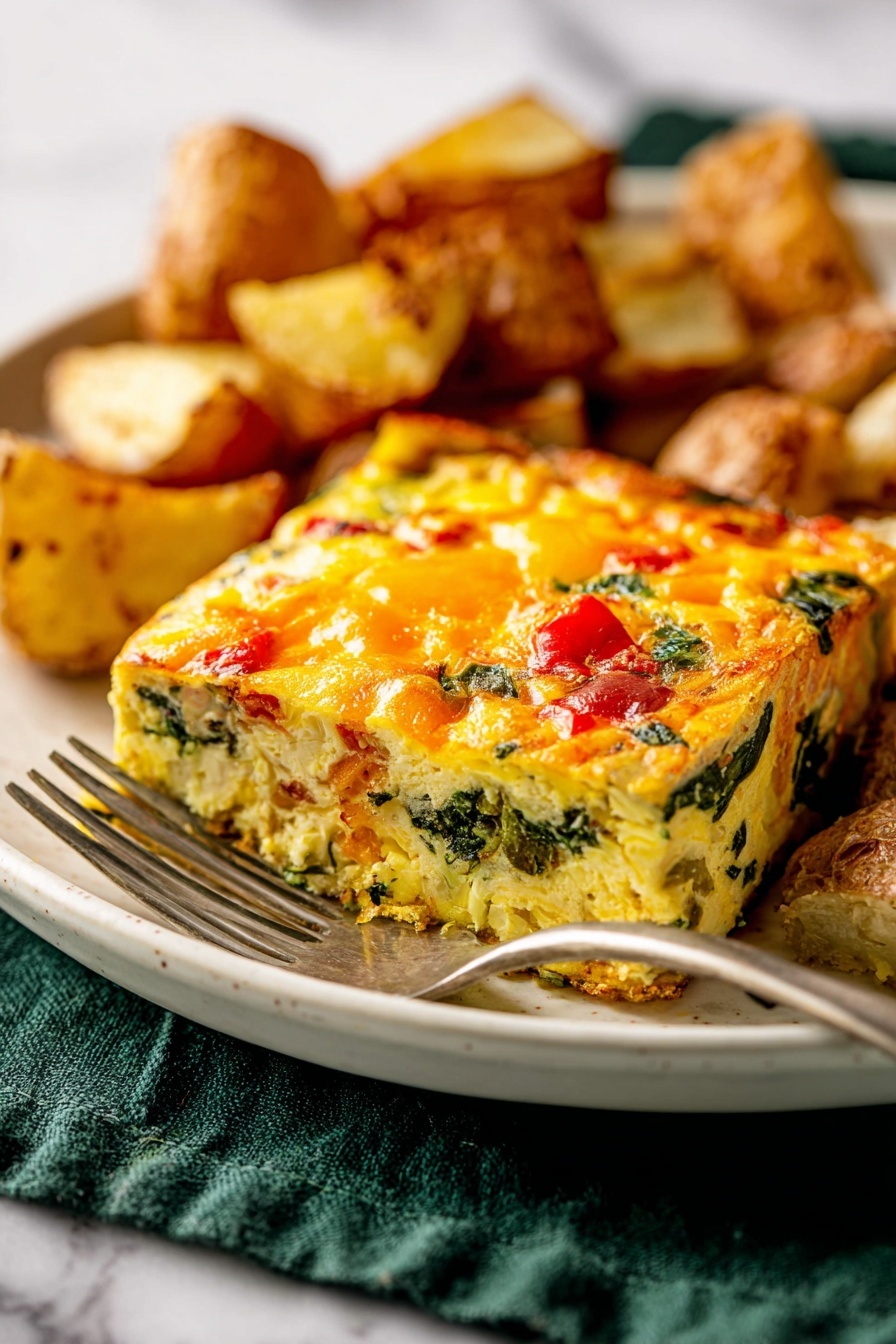 This image shows a rectangular glass dish with a baked egg casserole inside, cut into square pieces. The top layer is golden brown with melted cheese and some browned spots, mixed with small pieces of dark green spinach and red bell pepper, giving a mottled texture. Below the cheese topping, the visible layers show creamy, light yellow cooked egg with bits of vegetables. A silver spatula is lifting one square piece from the dish, with the casserole layers clearly visible from the side. The dish is placed on a white marbled surface. photo taken with an iphone --ar 2:3 --v 7