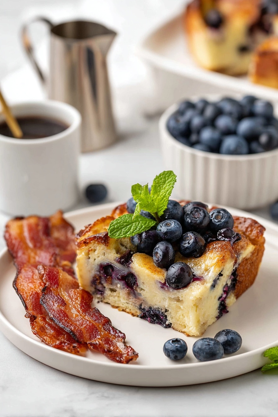 The image shows a white plate with a blueberry bread pudding as the main layer, soft and golden with visible blueberries inside and on top. The bread pudding is dusted with powdered sugar and topped with fresh blueberries and a small green mint leaf in the center. A silver fork is placed on the plate, with a piece of the bread pudding speared, showing its moist texture and blueberries inside. Behind the bread pudding, there are two crispy strips of bacon, adding a contrasting brown and red color and crunchy texture. The plate is placed on a white marbled surface. Photo taken with an iphone --ar 2:3 --v 7