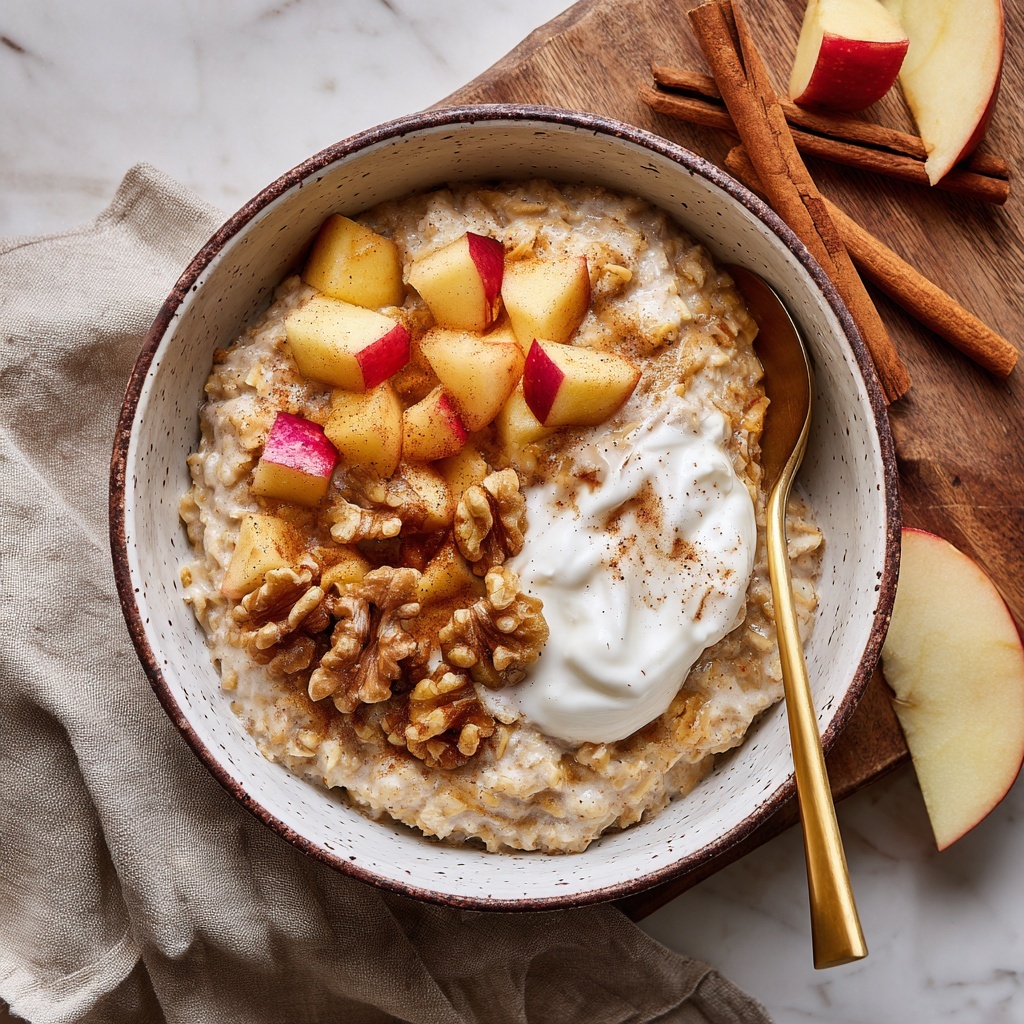 A bowl filled with creamy oatmeal that has pieces of apple mixed into it, topped on one side with small chunks of cooked apples with red skin, a dollop of white yogurt, and a pile of walnut halves. The bowl is white with dark speckles and a rustic brown rim. A gold spoon rests inside the bowl on the right side. The bowl sits on a wooden surface next to a few cinnamon sticks and slices of red apple, with a beige linen cloth partially under the bowl on the right. The background is a white marbled texture photo taken with an iphone --ar 2:3 --v 7
