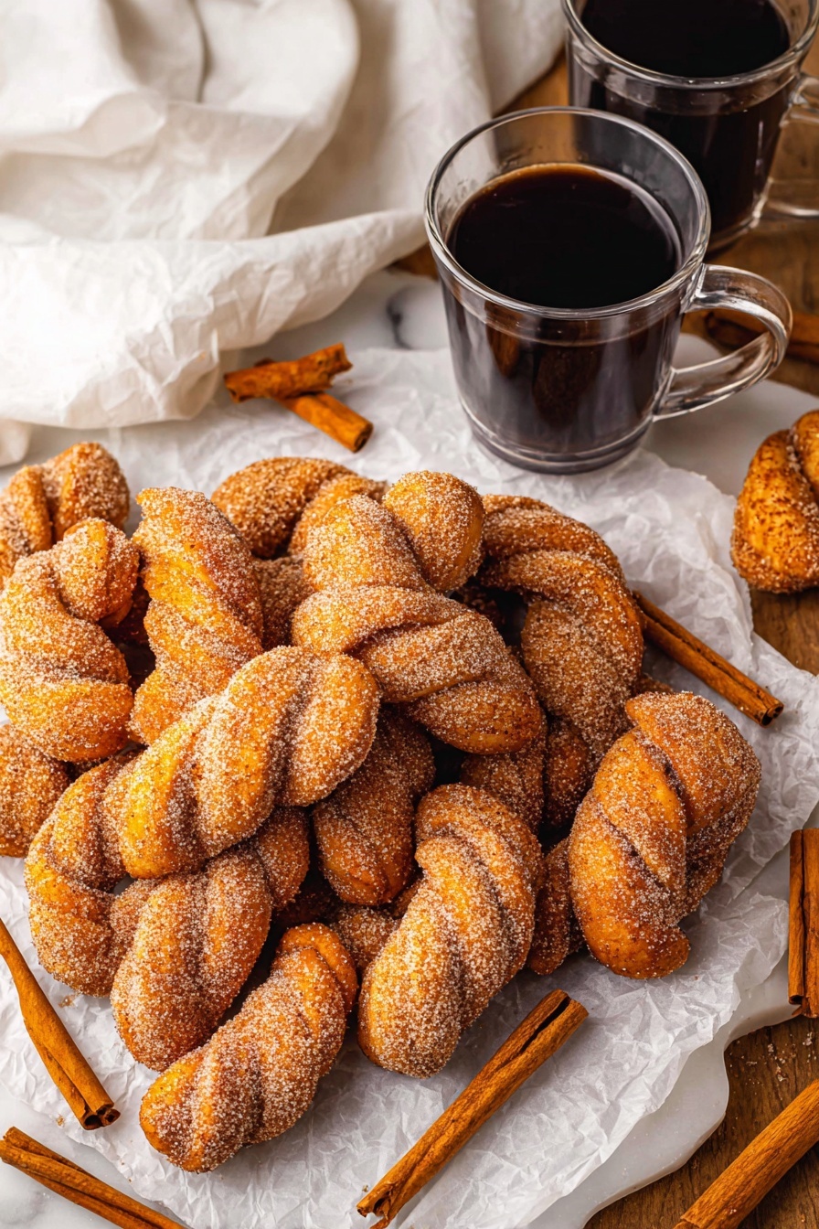 The image shows a large pile of golden-brown twisted doughnuts coated thickly with cinnamon sugar, resting on white parchment paper over a white marbled surface. The twists vary in size and shape, some larger and fluffy while others are smaller and tighter. Scattered around the doughnuts are several whole cinnamon sticks, adding a warm brown contrast. Behind the pile, two clear glass mugs filled with black coffee sit side by side. A beige cloth with a dark stripe is draped casually in the background against a wooden backdrop. The scene feels cozy and inviting, with warm tones and textures. photo taken with an iphone --ar 2:3 --v 7