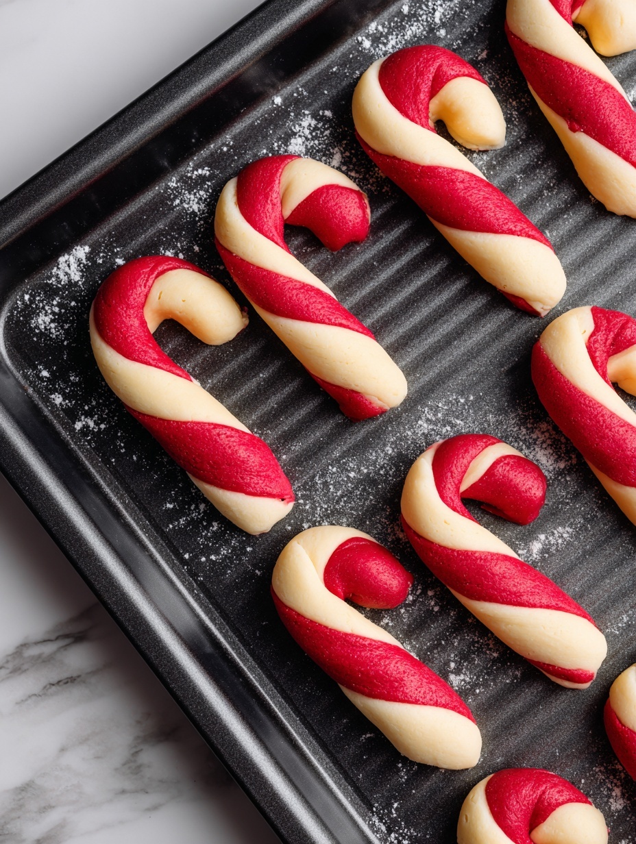 The image shows a dark baking tray with eight candy cane-shaped dough pieces arranged in two rows. Each dough piece is twisted with two colors: red and cream, spiraled evenly around each candy cane shape. The tray has a textured surface pattern, and there are small white crumbs sprinkled around the dough pieces. The background is a white marbled surface, partially visible at the tray’s edges. photo taken with an iphone --ar 2:3 --v 7