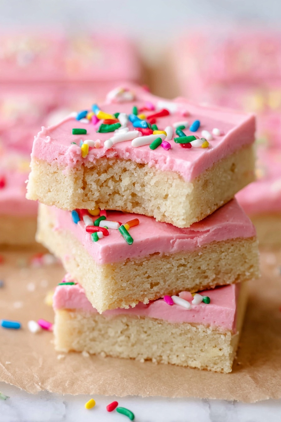 The image shows a stack of three square cookie bars with two layers each: a light golden beige cookie base topped with a thick layer of smooth pink frosting. The top cookie bar has a bite taken out of the side, revealing the soft texture of the cookie. The pink frosting is decorated with small round and rod-shaped colorful sprinkles in green, blue, red, yellow, white, and purple. The cookies rest on a light brown surface, with more cookie bars blurred in the background on a white marbled texture. photo taken with an iphone --ar 2:3 --v 7