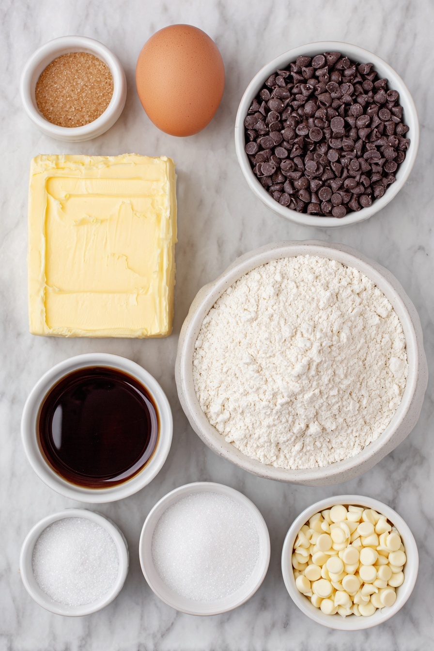 Flat lay of unsalted butter softened to room temperature, dark brown sugar loosely packed in a small mound, granulated sugar in a neat pile, one large whole egg with clean shell, a small white ceramic bowl of pure vanilla extract, all-purpose flour spooned and leveled in a small white ceramic bowl, a small white ceramic bowl of fine cornstarch, a small white ceramic bowl of baking soda, a small white ceramic bowl of salt, a small white ceramic bowl filled with white chocolate chips, a small white ceramic bowl holding dried cranberries, all arranged with perfect symmetry and balanced proportions, placed on a clean white marble surface, soft natural light, photo taken with an iPhone, professional food photography style, fresh ingredients, white ceramic bowls, no bottles, no duplicates, no utensils, no packaging --ar 2:3 --v 7 --p m7354615311229779997