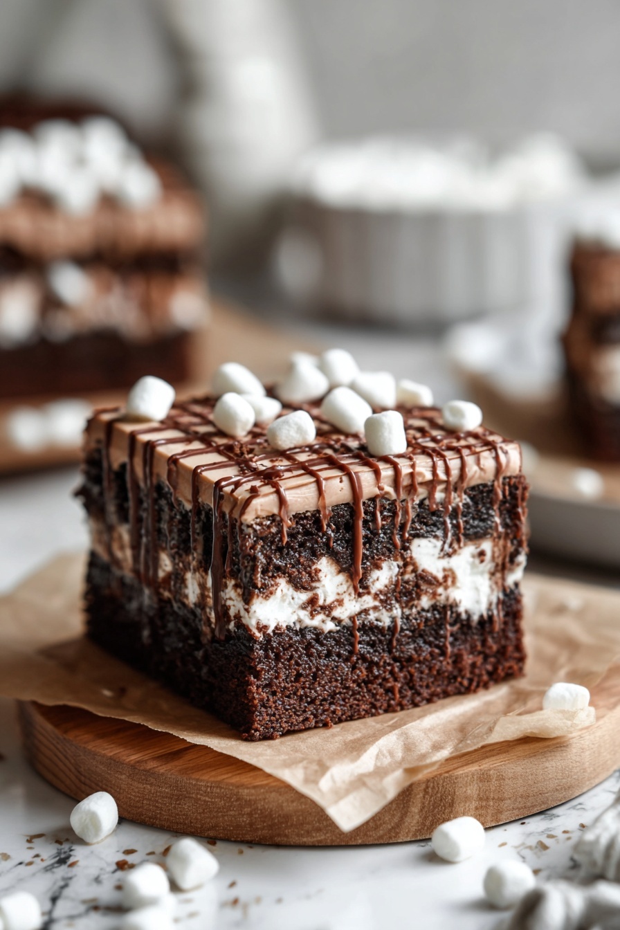 The image shows a square piece of chocolate cake with three visible layers. The bottom layer is dark and moist chocolate cake with a rough texture. The middle layer is a white cream with some darker swirls inside, looking soft and smooth. The top layer is light brown whipped cream with a glossy surface, decorated with thin, dark chocolate lines in a grid pattern and small white marshmallows scattered on top. The cake sits on a piece of white parchment paper on a white marbled surface. In the background, part of a white cup filled with a drink and topped with mini marshmallows is visible, along with another piece of cake blurred out. Photo taken with an iphone --ar 2:3 --v 7