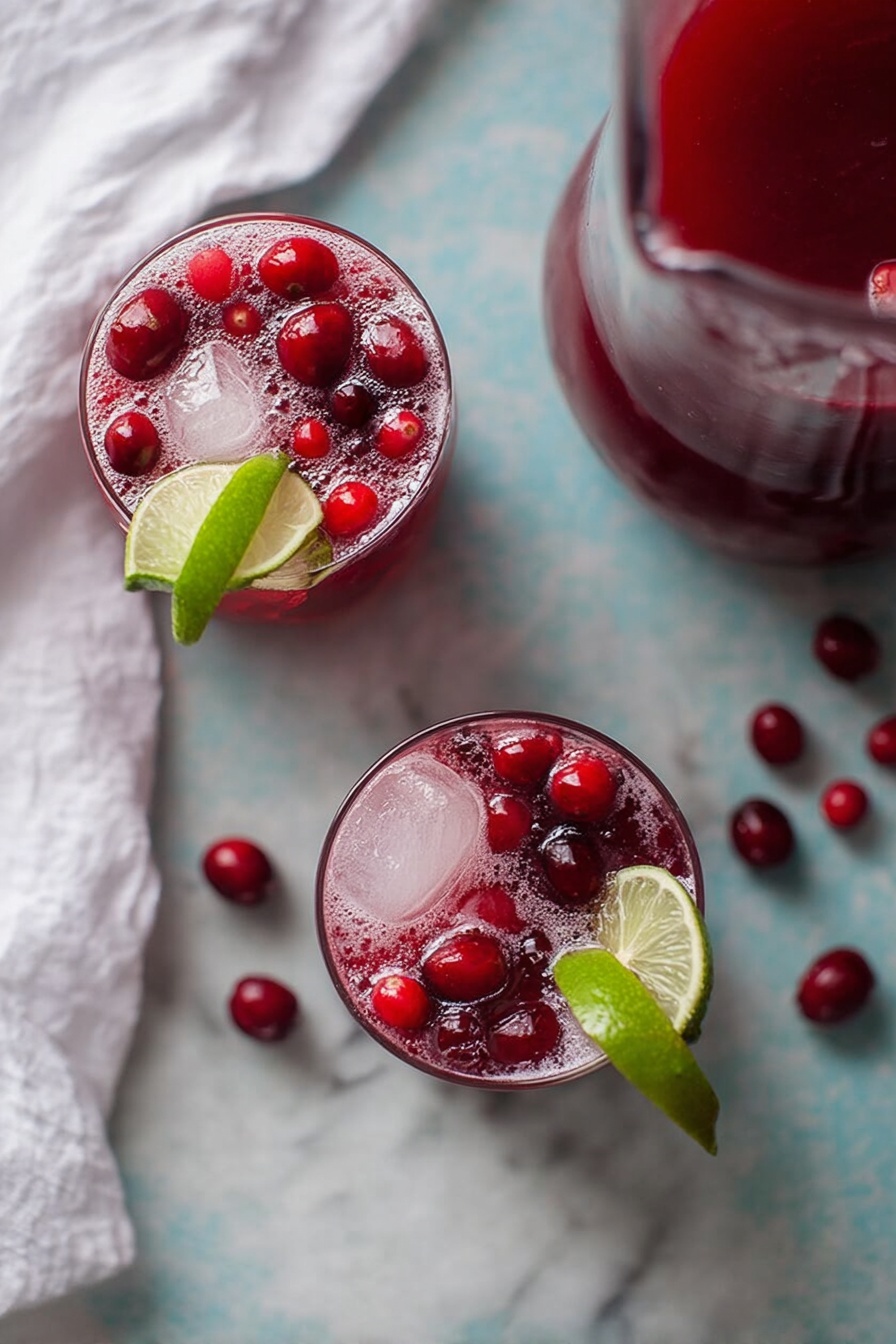 Two clear glasses are filled with dark red juice topped with small red berries and a light layer of froth. Each glass has a wedge of lime resting on the rim. The glasses sit on a white marbled surface with scattered dark red berries nearby. In the background, there is a clear pitcher filled with the same dark red juice. A white cloth is partly visible on the left side of the image. photo taken with an iphone --ar 2:3 --v 7