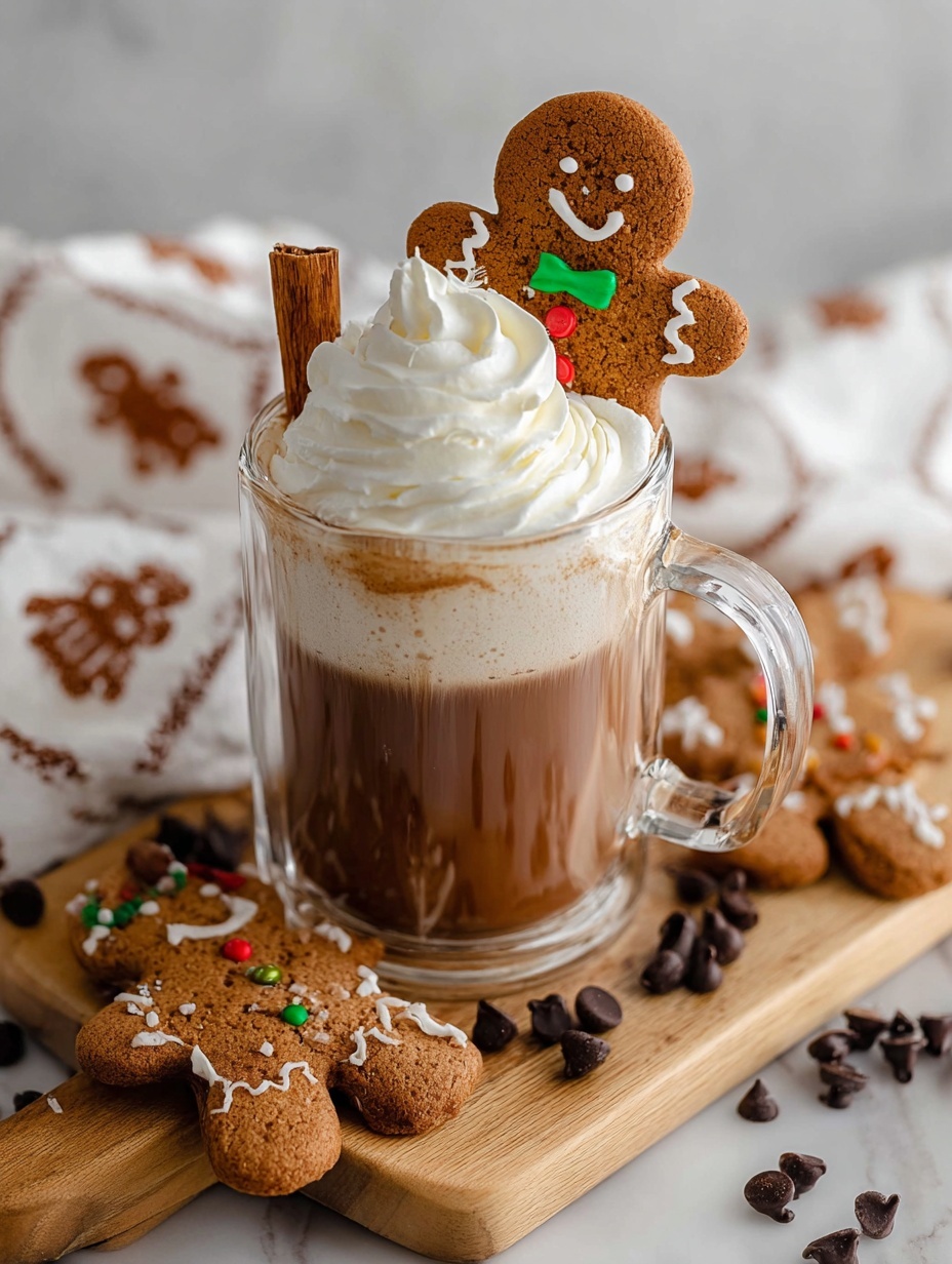 A clear glass mug filled with layered brown drink topped with tall white whipped cream swirled in a spiral, holding a light brown gingerbread cookie partially dipped in white icing with red and green sprinkles, and two cinnamon sticks leaning against the whipped cream. The mug sits on a light wooden board scattered with more gingerbread cookies decorated the same way, some cinnamon sticks, and chocolate chips. A white cloth with brown gingerbread man patterns and a white beaded garland is draped behind the board on a white marbled surface. A long silver twisted spoon rests near the board. Photo taken with an iphone --ar 2:3 --v 7