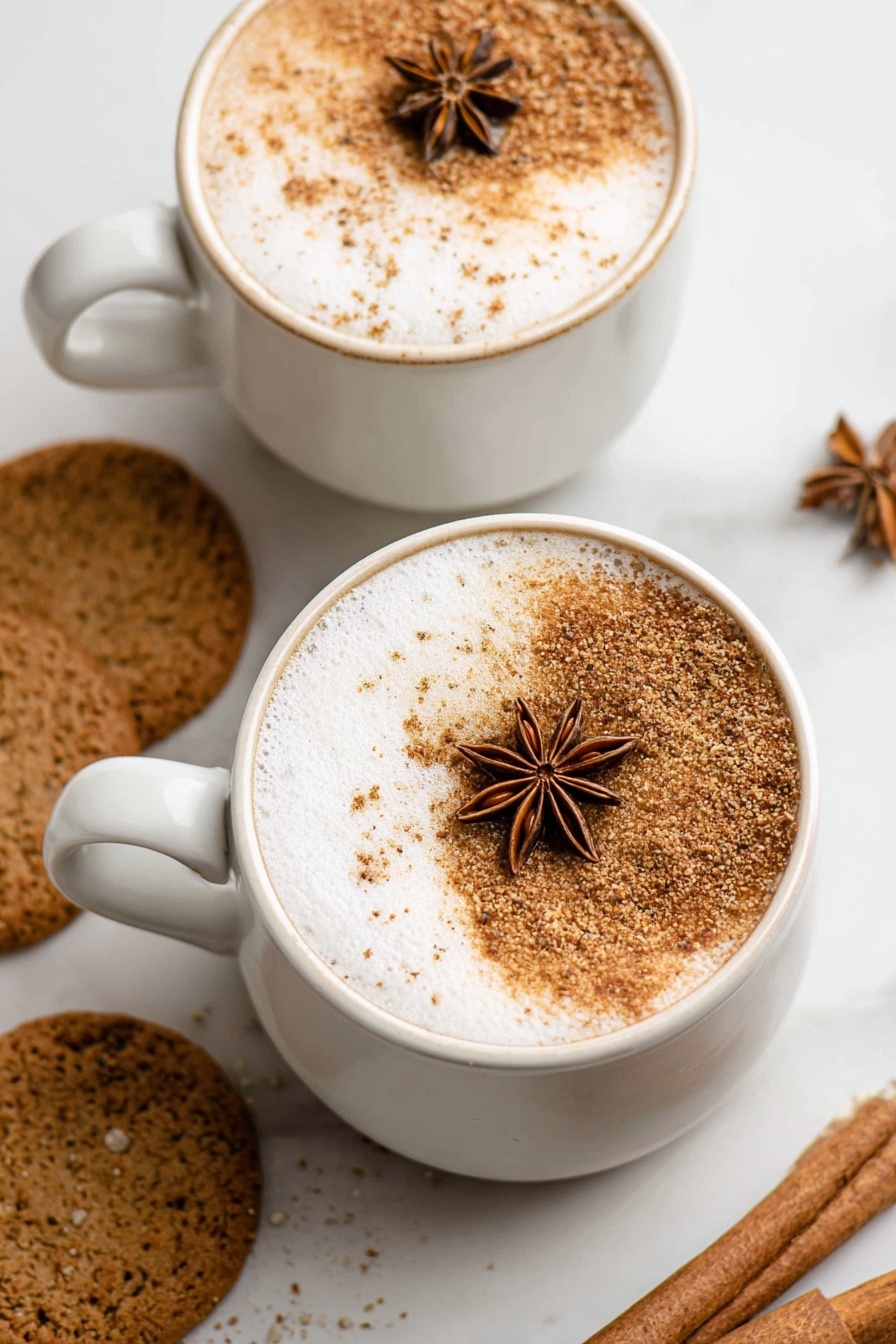 Two white ceramic mugs sit on a white marbled surface, each filled with a creamy frothy drink. The drinks have a thick foam layer on top, dusted with a smooth layer of warm brown cinnamon powder that covers about half of the foam’s surface. At the center of each foam layer rests a star anise, adding a decorative touch with its star shape and dark brown color. Cinnamon sticks and additional star anise pieces are scattered softly around the mugs, and a clear glass jar holding cinnamon sticks is blurred in the background. The scene is cozy and inviting, with neutral and warm tones surrounding the bright, white mugs. Photo taken with an iphone --ar 2:3 --v 7