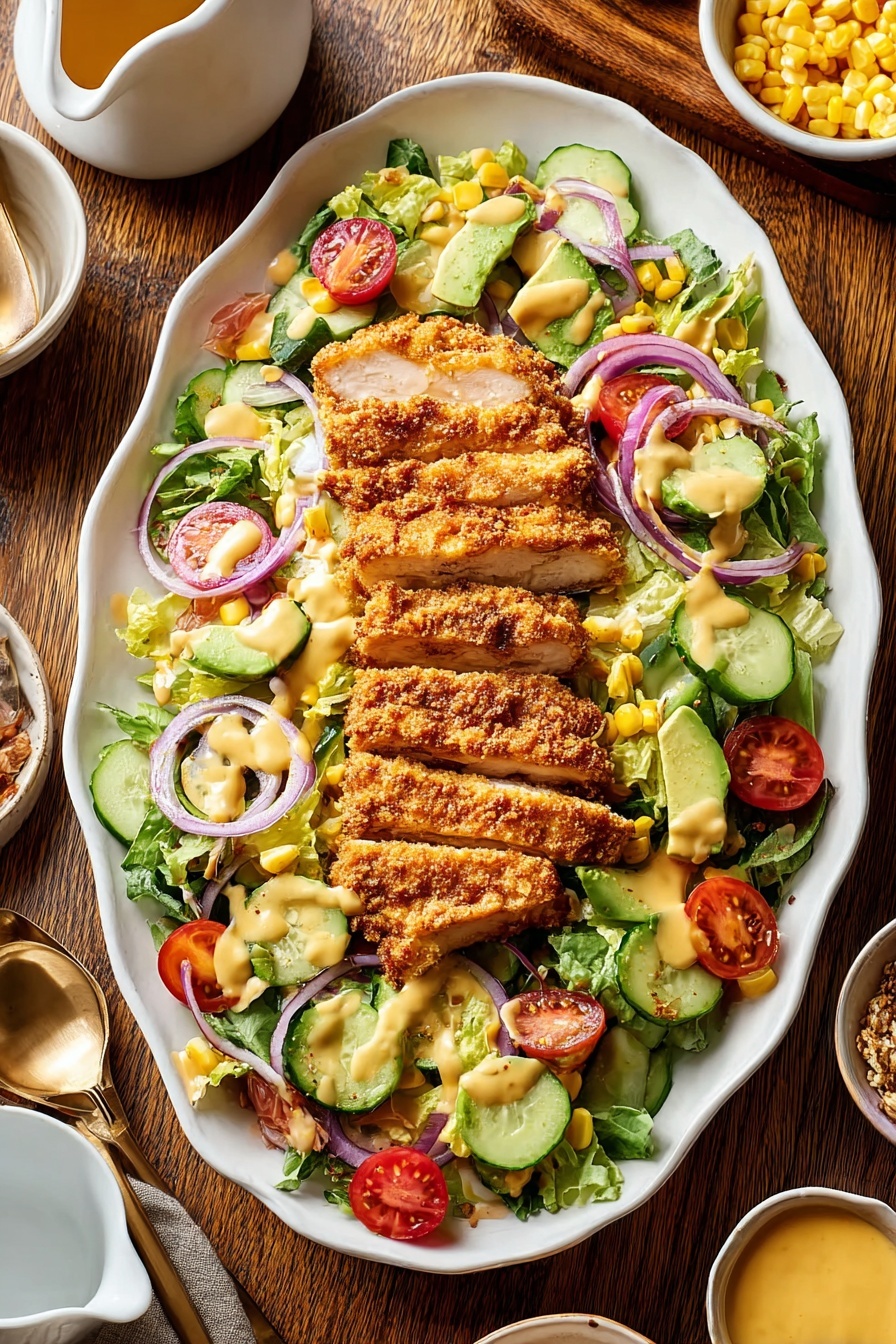 A white scalloped oval plate holds a fresh salad topped with two rows of crispy golden brown chicken strips, sliced into five pieces each. Beneath the chicken is a colorful salad with a base of green leafy lettuce mixed with thin cucumber slices, bright red halved cherry tomatoes, pale green avocado chunks, yellow corn kernels, and thin rings of purple onion scattered on top. A creamy light mustard yellow dressing is drizzled over the chicken and salad. The plate sits on a wooden table with small white bowls filled with honey, mustard dressing, and corn nearby, along with a white pitcher of dressing and brass serving spoons partially resting in the salad. Photo taken with an iphone --ar 2:3 --v 7