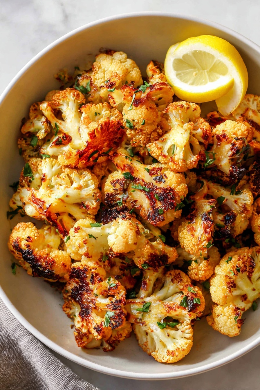 A white bowl filled with one main layer of roasted cauliflower pieces that have a golden brown color with some charred dark spots and a slightly rough texture. The cauliflower is sprinkled with small bits of green herbs, adding a fresh contrast. A bright yellow lemon wedge rests on the upper edge of the bowl, adding a touch of color. The bowl is placed on a white marbled surface. photo taken with an iphone --ar 2:3 --v 7