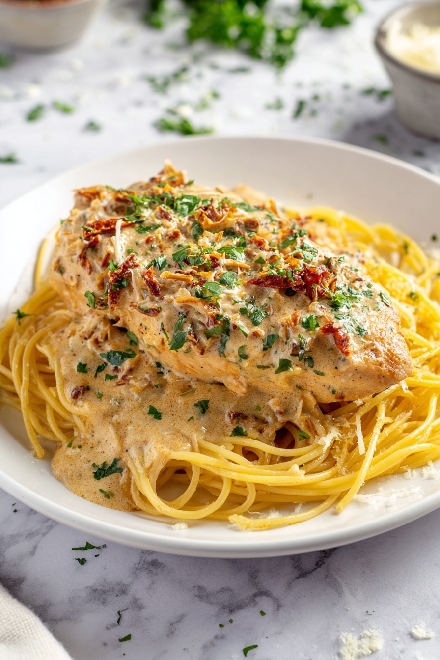 A white plate with a layer of tangled yellow spaghetti at the bottom, topped with a thick piece of creamy chicken covered in a light beige sauce with visible herbs and bits of sun-dried tomatoes. The sauce has a slightly grainy texture and is sprinkled with small pieces of bright green parsley and grated cheese. The plate sits on a white marbled surface with some scattered herbs and a bowl blurred in the background. photo taken with an iphone --ar 2:3 --v 7