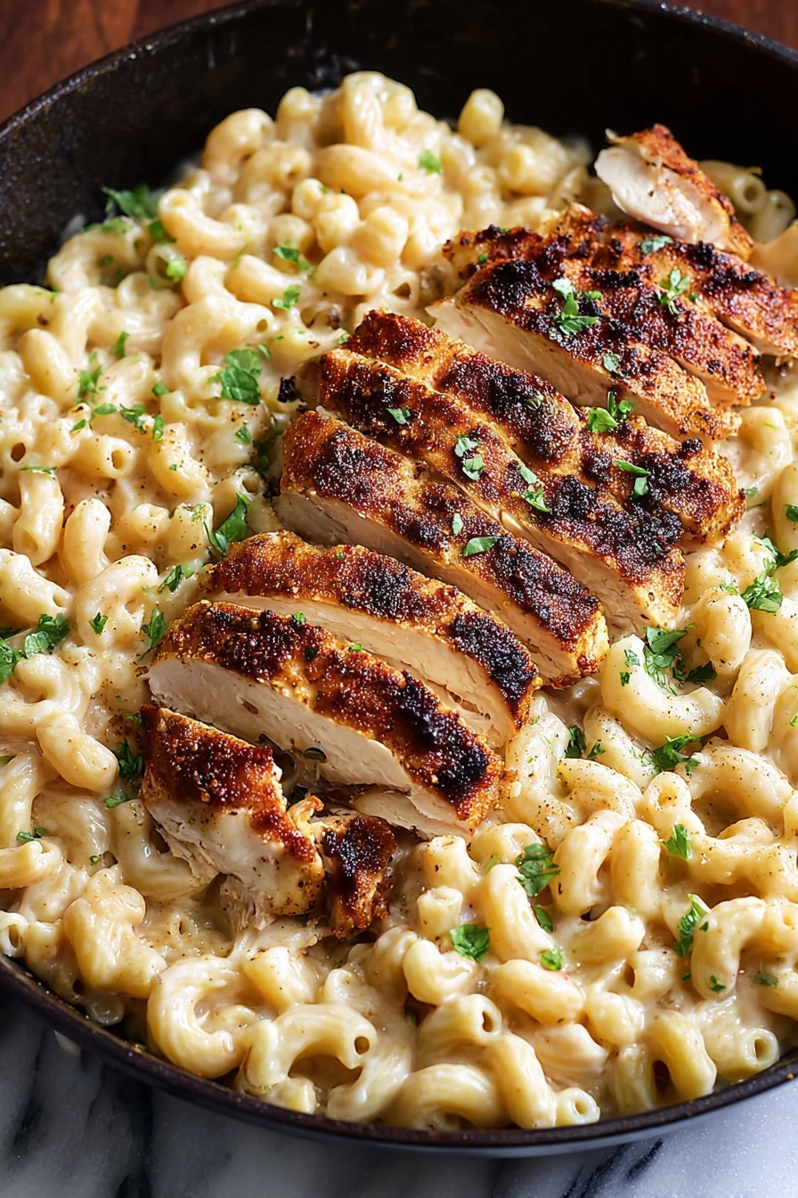 The image shows a black pan filled with creamy macaroni pasta as the base layer, with small elbow-shaped noodles coated in a light, smooth sauce. On top, there is a layer of grilled sliced chicken with a golden-brown crust and some char marks, cut into long strips that lay side by side across the pasta. The chicken has a slightly crispy texture with small green herb pieces sprinkled over it for garnish. The pan rests on a white marbled surface. photo taken with an iphone --ar 2:3 --v 7