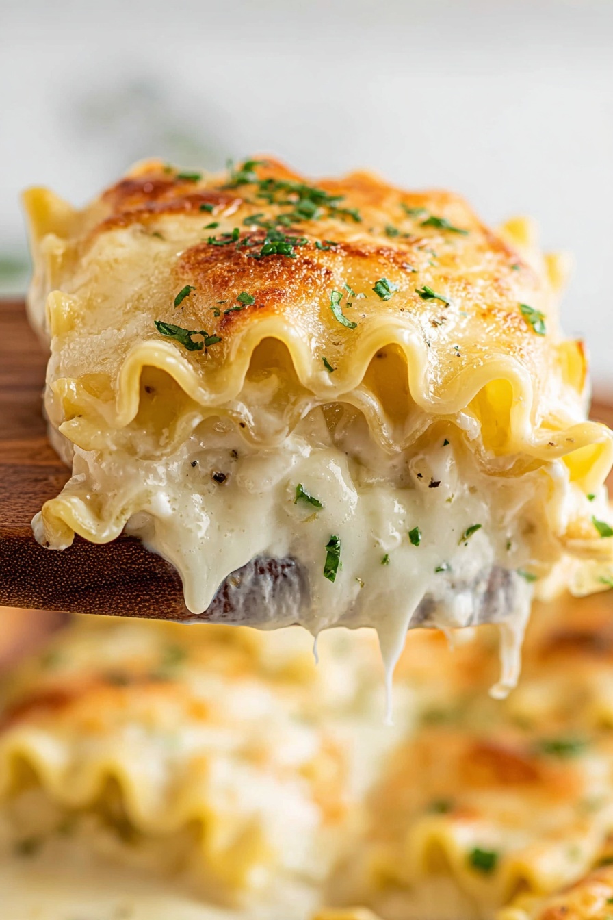 A close-up of a single piece of lasagna roll up being lifted by a wooden spatula, showing three layers of wavy-edged pasta sheets filled with creamy white cheese sauce that is smooth and dripping slightly. The top layer is browned cheese with slight crisped texture and sprinkled scattered small green herbs. The inside cheese sauce has a soft, velvety look with tiny black pepper dots visible, making the dish look rich and cheesy. The background shows more lasagna rolls on a white marbled surface, blurred softly. Photo taken with an iphone --ar 2:3 --v 7