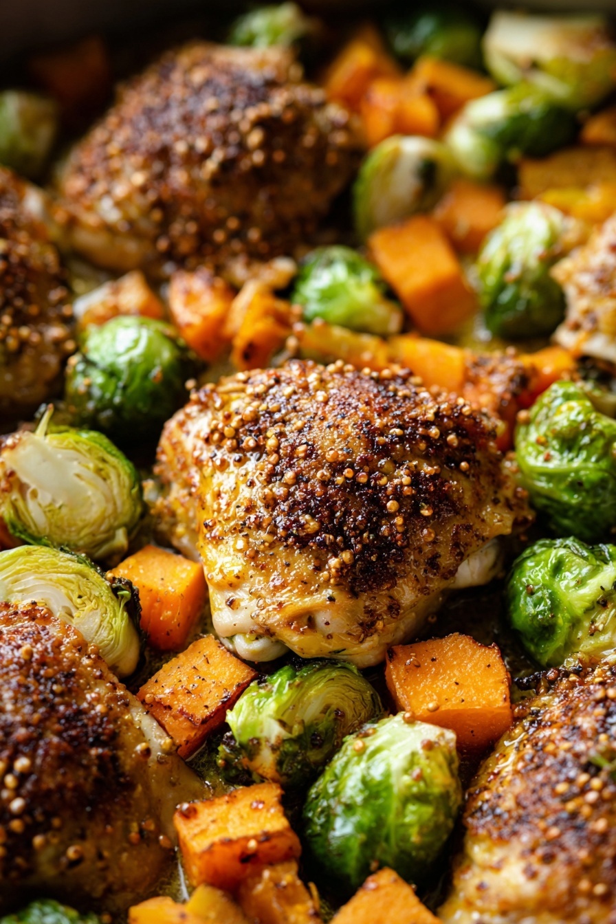 A white plate holds two baked chicken thighs with a shiny, grainy brown mustard glaze on top, positioned near the center. Surrounding the chicken are small, bright orange roasted sweet potato cubes and halved Brussels sprouts with light green interiors and slightly charred edges. A fork with a wooden handle rests on the top left side of the plate with a halved Brussels sprout speared on the prongs. The plate sits on a white marbled textured surface. photo taken with an iphone --ar 2:3 --v 7