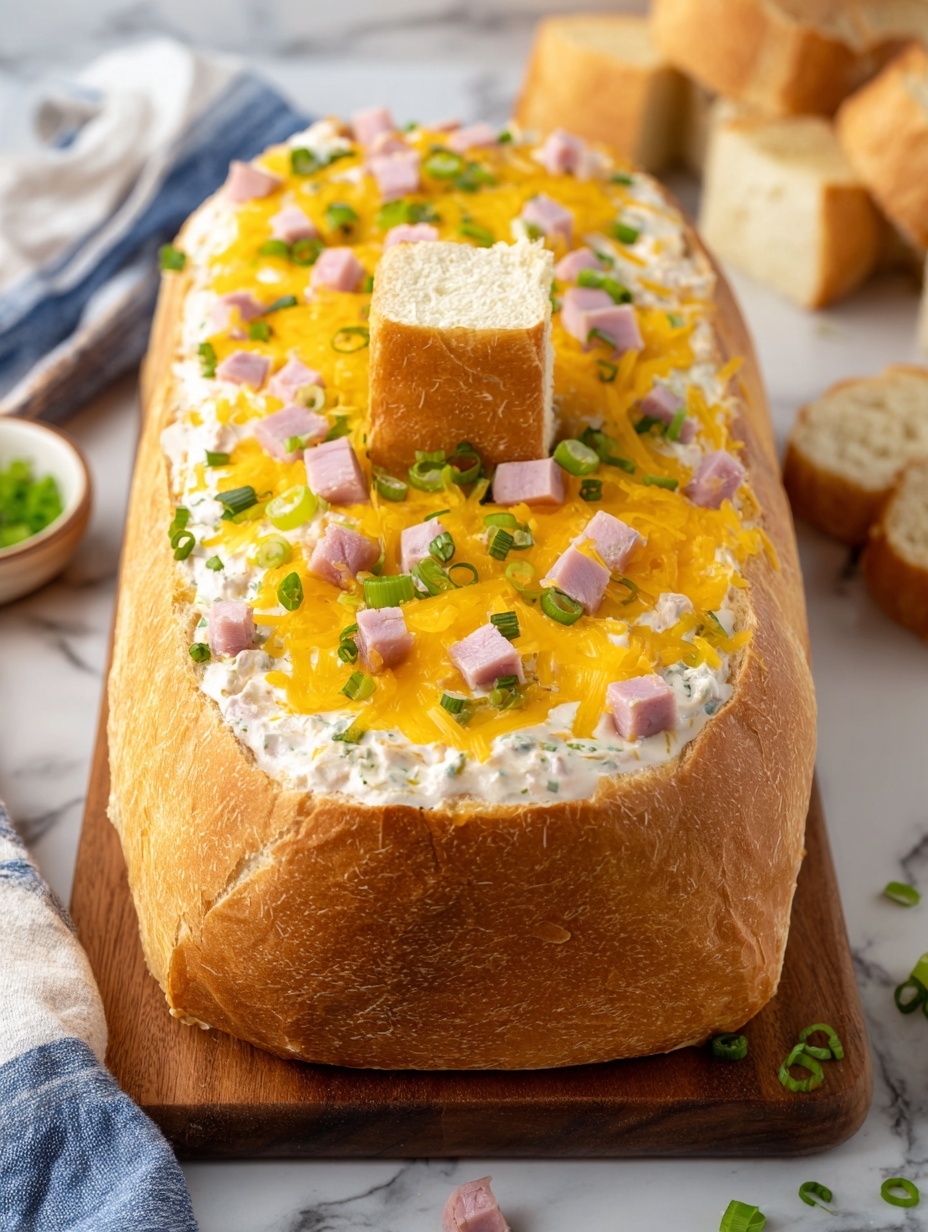 A large hollowed-out loaf of bread forms the base, filled with a creamy white mixture layered with melted yellow cheddar cheese. Diced pink ham and vibrant green chopped scallions are evenly spread on top, adding color and texture. A chunk of bread sticking upright is placed in the middle of the dip, hinting it is used for dipping. The loaf rests on a wooden board on a white marbled surface, with pieces of torn bread scattered nearby, and a small white square dish with red chili flakes is visible in the background. Photo taken with an iphone --ar 2:3 --v 7