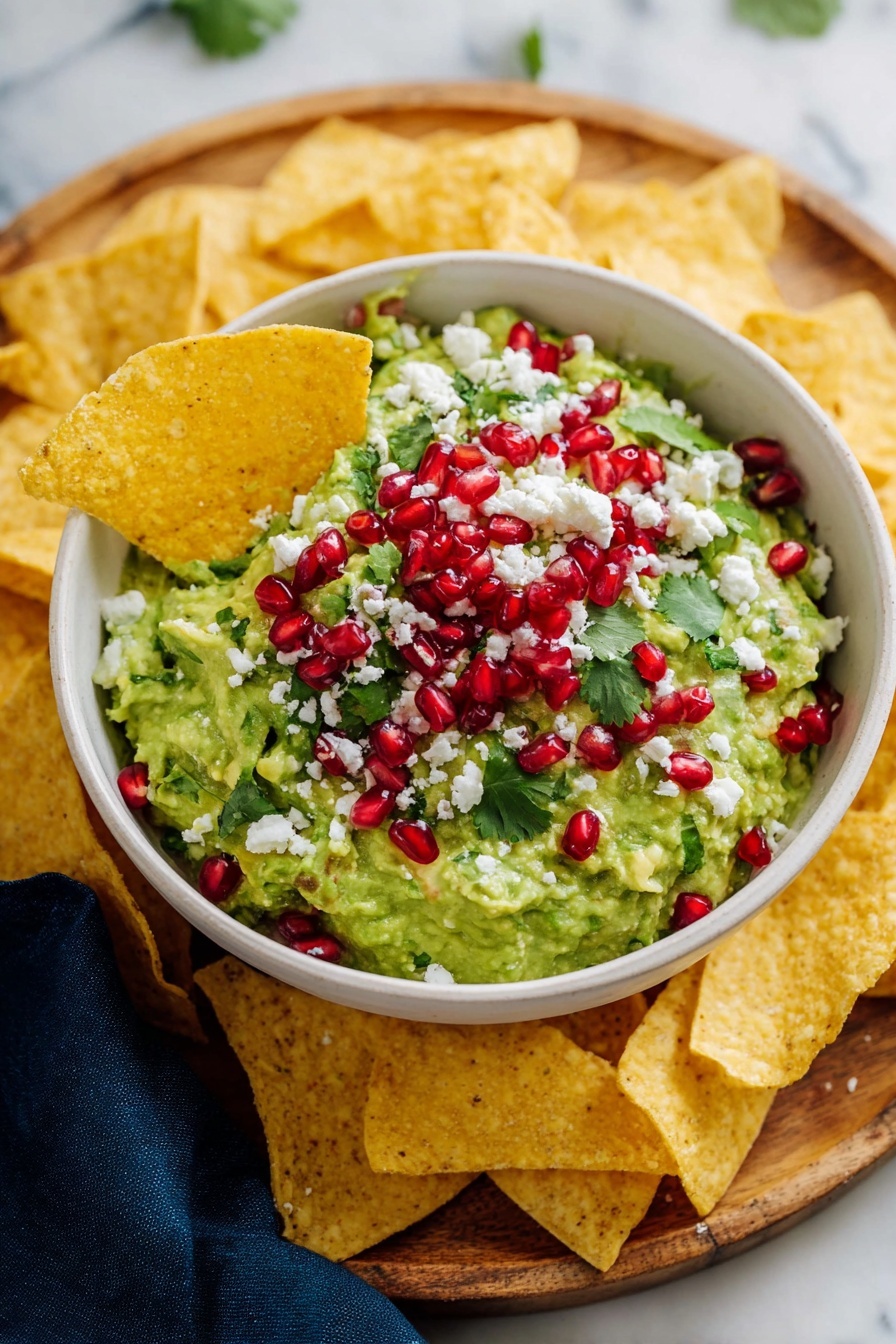 A white bowl filled with bright green guacamole, topped with red shiny pomegranate seeds, white crumbly cheese, and fresh green coriander leaves. One corner of a yellow tortilla chip is dipped inside the guacamole. The bowl sits on a round wooden board surrounded by more yellow tortilla chips. A dark blue cloth is partially seen near the board, and the surface under the board has a white marbled texture. photo taken with an iphone --ar 2:3 --v 7