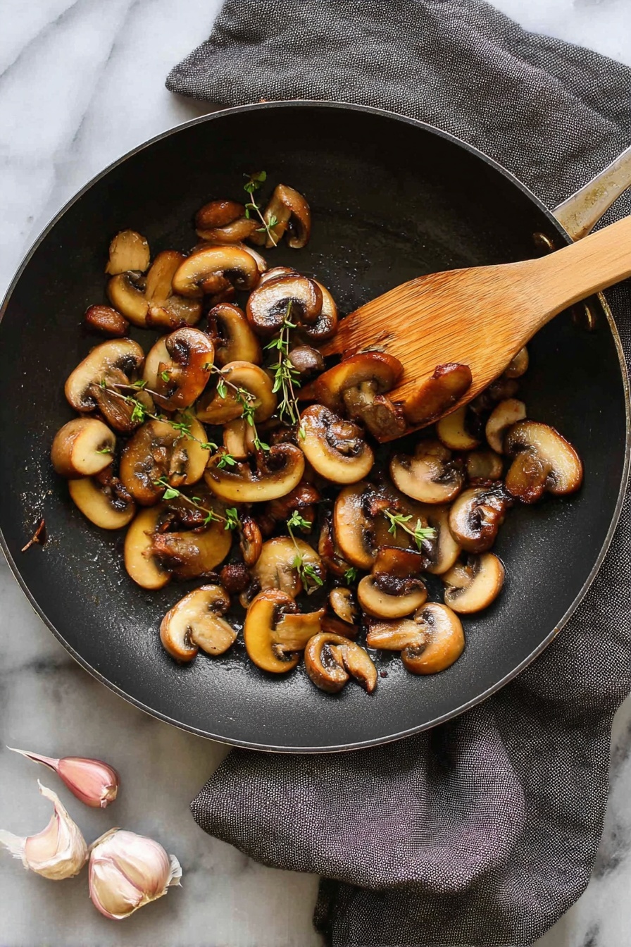 A black frying pan holds several cooked sliced mushrooms that are golden brown with some darker seared spots. Small green herb sprigs are scattered on top of the mushrooms. A wooden spatula rests inside the pan, partially lifting some mushrooms. The pan is placed on a white marbled surface with a dark grey cloth below it. Two garlic cloves are visible near the bottom left corner of the image. Photo taken with an iphone --ar 2:3 --v 7