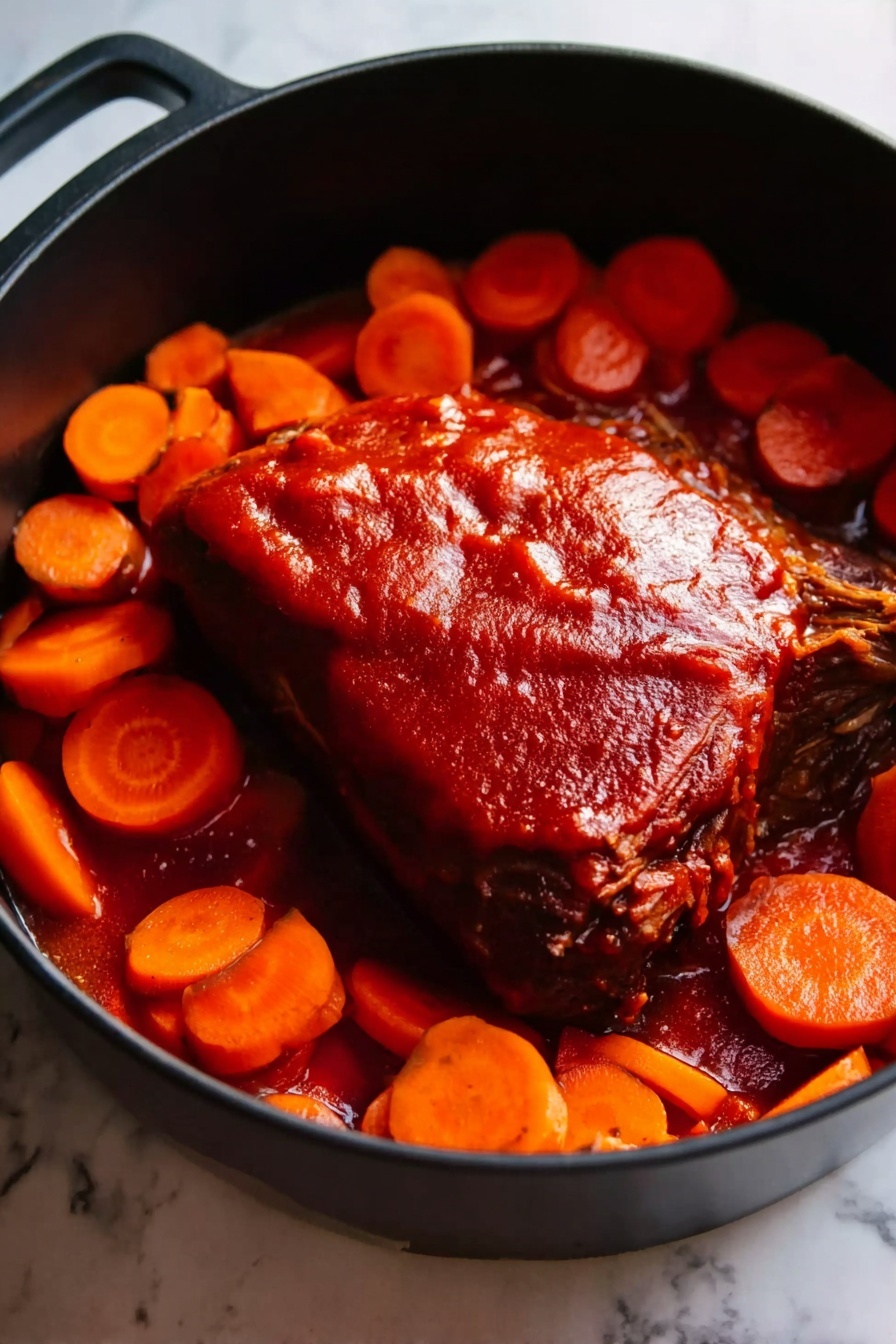 The image shows a black cooking pot filled with one large piece of meat covered in a thick red sauce, lying in the center. Around the meat, there are many bright orange carrot slices spread evenly, some closer to the edge of the pot. The sauce on the meat looks smooth and rich, while the carrot slices have a soft texture with clear circular patterns. The pot sits on a white marbled surface. Photo taken with an iphone --ar 2:3 --v 7