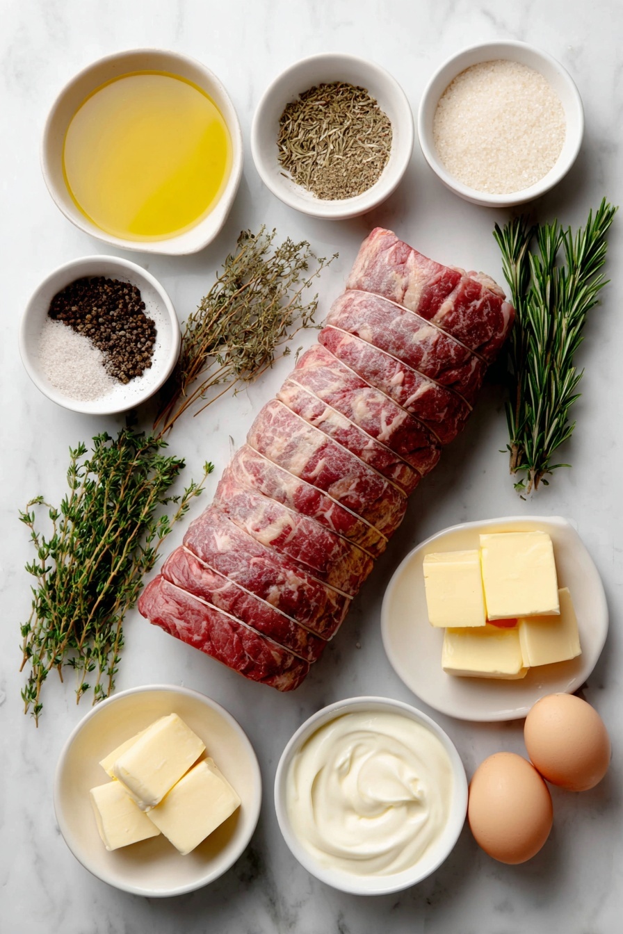 Flat lay of a whole raw beef tenderloin, a few dried oregano leaves, dried thyme sprigs, dried rosemary sprigs, garlic powder in a small white bowl, a small white bowl of salt crystals, a small white bowl of freshly ground black pepper, a small white bowl of golden olive oil, a few pats of fresh butter, two sprigs of fresh rosemary, four sprigs of fresh thyme, a small white bowl of creamy sour cream, a small white bowl of creamy mayonnaise, a small white bowl of grated horseradish, two whole brown eggs with clean shells placed separately, arranged with perfect symmetry on a simple white ceramic plate and white ceramic bowls, placed on a clean white marble surface, soft natural light, photo taken with an iPhone, professional food photography style, fresh ingredients, white ceramic bowls, no bottles, no duplicates, no utensils, no packaging --ar 2:3 --v 7 --p m7354615311229779997