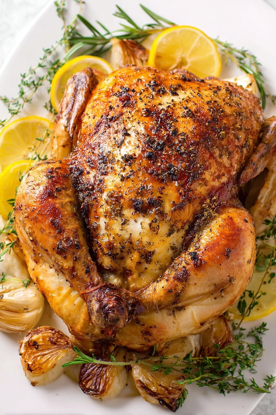 A whole roasted chicken with golden brown and crispy skin, speckled with black pepper and herbs that add texture to the surface, rests in the middle of a white plate. Surrounding the chicken are several thin lemon slices with a bright yellow color, some sprigs of green rosemary and thyme, and whole heads of garlic with a light brown roasted appearance showing cloves inside the bulbs. The white marbled surface adds a clean and elegant background to the dish. Photo taken with an iphone --ar 2:3 --v 7