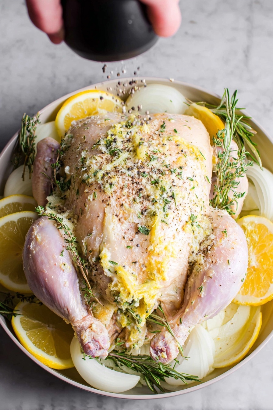 A whole raw chicken sits in the center of a white bowl, its skin slightly shiny and covered with a spread of yellow butter mixed with green herbs and white coarse salt. The chicken is surrounded by thick white onion slices and bright yellow lemon wedges arranged evenly around it. Inside the chicken cavity, green rosemary and thyme sprigs are visible, adding texture and contrast. Above the chicken, a woman's hand slowly sprinkles black pepper from a pepper grinder. The bowl rests on a white marbled surface, adding a clean and bright background to the composition. photo taken with an iphone --ar 2:3 --v 7
