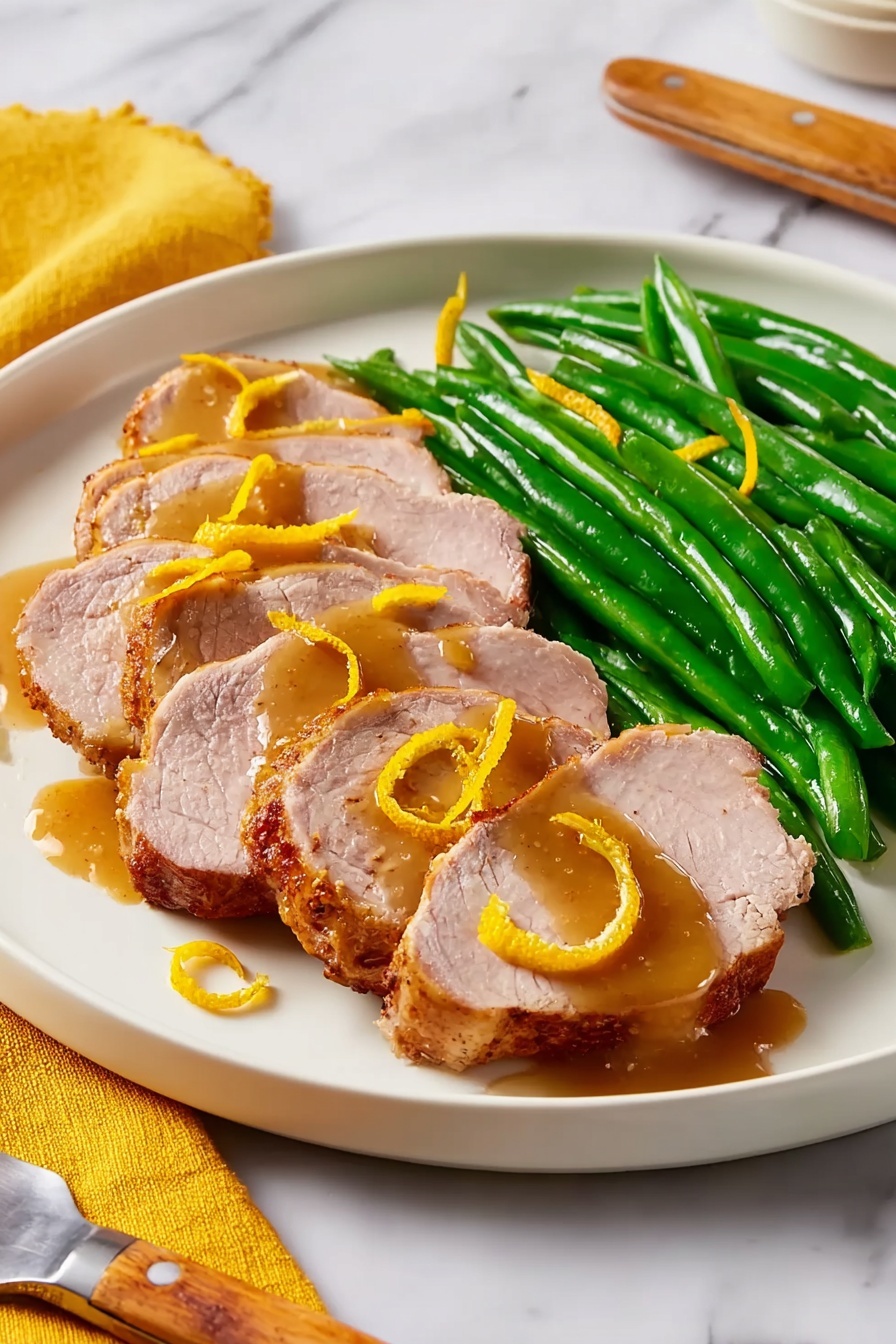 A white plate holds a neatly arranged dish with two main parts: on one side, six thick slices of cooked meat with a golden brown crust on the outside and a tender pink inside, layered slightly overlapping from left to right; each slice is topped with a smooth, light brown sauce and thin strips of orange zest that add color and texture. On the other side, there is a pile of bright green beans, shiny and fresh looking, stacked in a slightly scattered way but mostly in a neat pile. The plate sits on a white marbled surface, with a yellow cloth partially visible on the bottom left and a fork with a wooden handle on the bottom right. Photo taken with an iphone --ar 2:3 --v 7