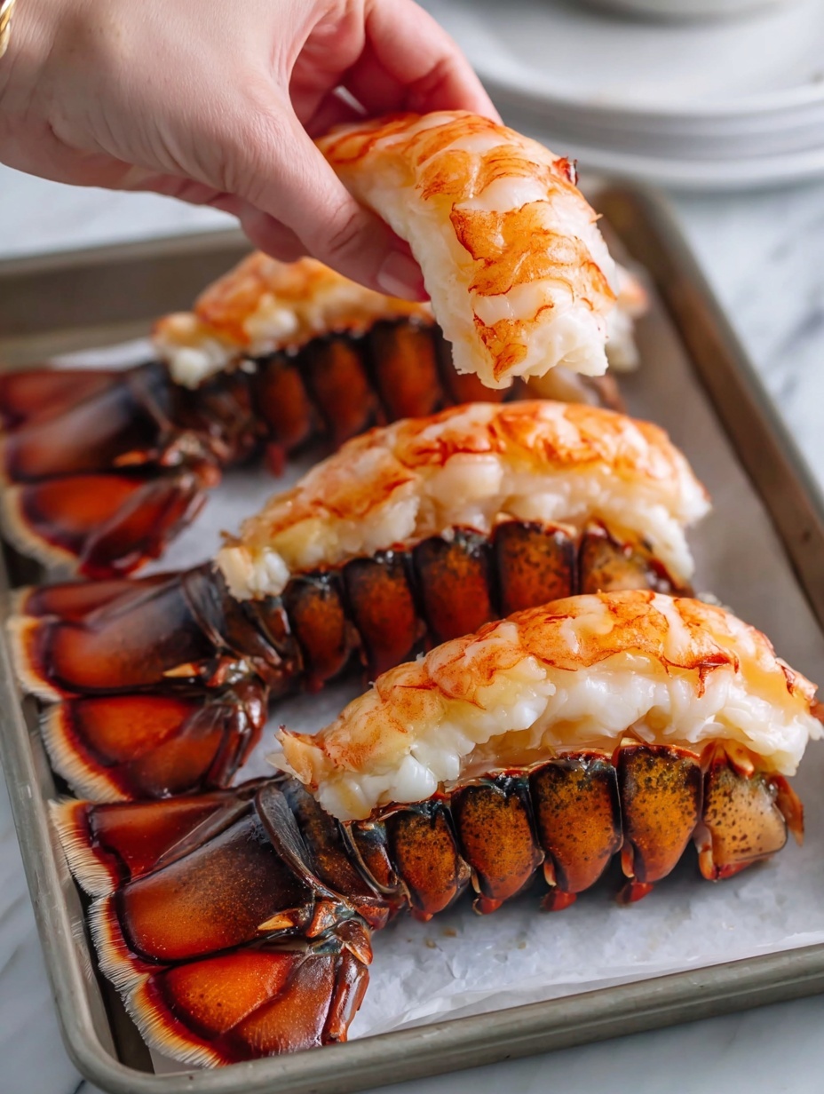 A close-up view of three lobster tails placed on a baking tray lined with white paper, set on a white marbled surface. Each lobster tail displays a split shell exposing three thick segments of bright orange lobster meat with white, translucent edges and subtle grill marks. A woman's hand is gently lifting one of the lobster tails from the tray, highlighting the rich, tender texture of the seafood. The shells have a rough, dark brown patterning with touches of reddish-orange. photo taken with an iphone --ar 2:3 --v 7