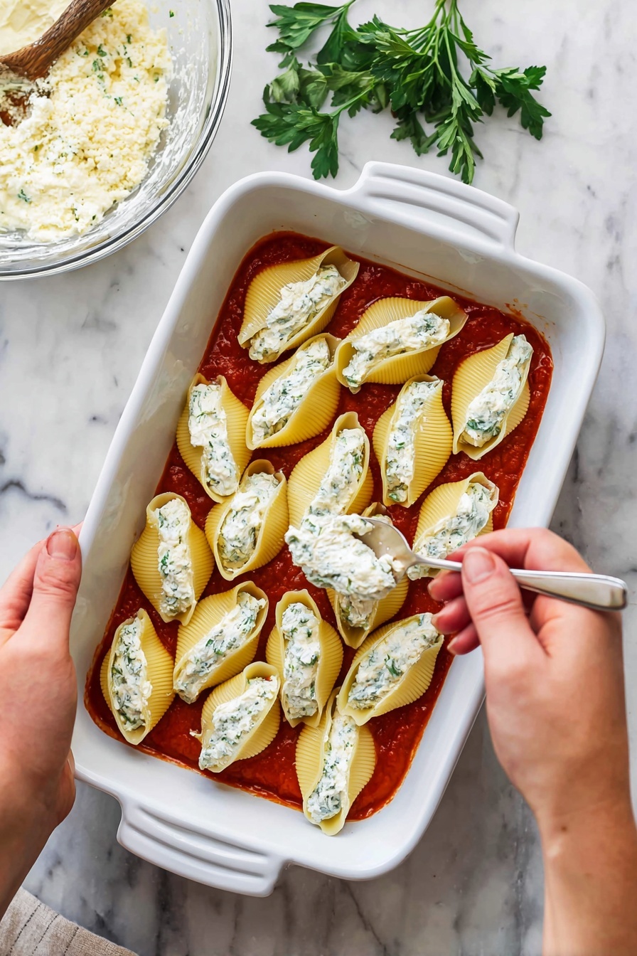A white baking dish holds a layer of red tomato sauce at the bottom, with large yellow pasta shells placed on top. Each shell is being filled with a white creamy cheese mixture that has small green herb pieces inside. One woman's hand holds a pasta shell, while the other woman's hand uses a spoon to fill the shell with the cheese mix. The background is a white marbled surface with a glass bowl containing more cheese mixture in the top left corner and a couple of green parsley sprigs nearby. Photo taken with an iphone --ar 2:3 --v 7