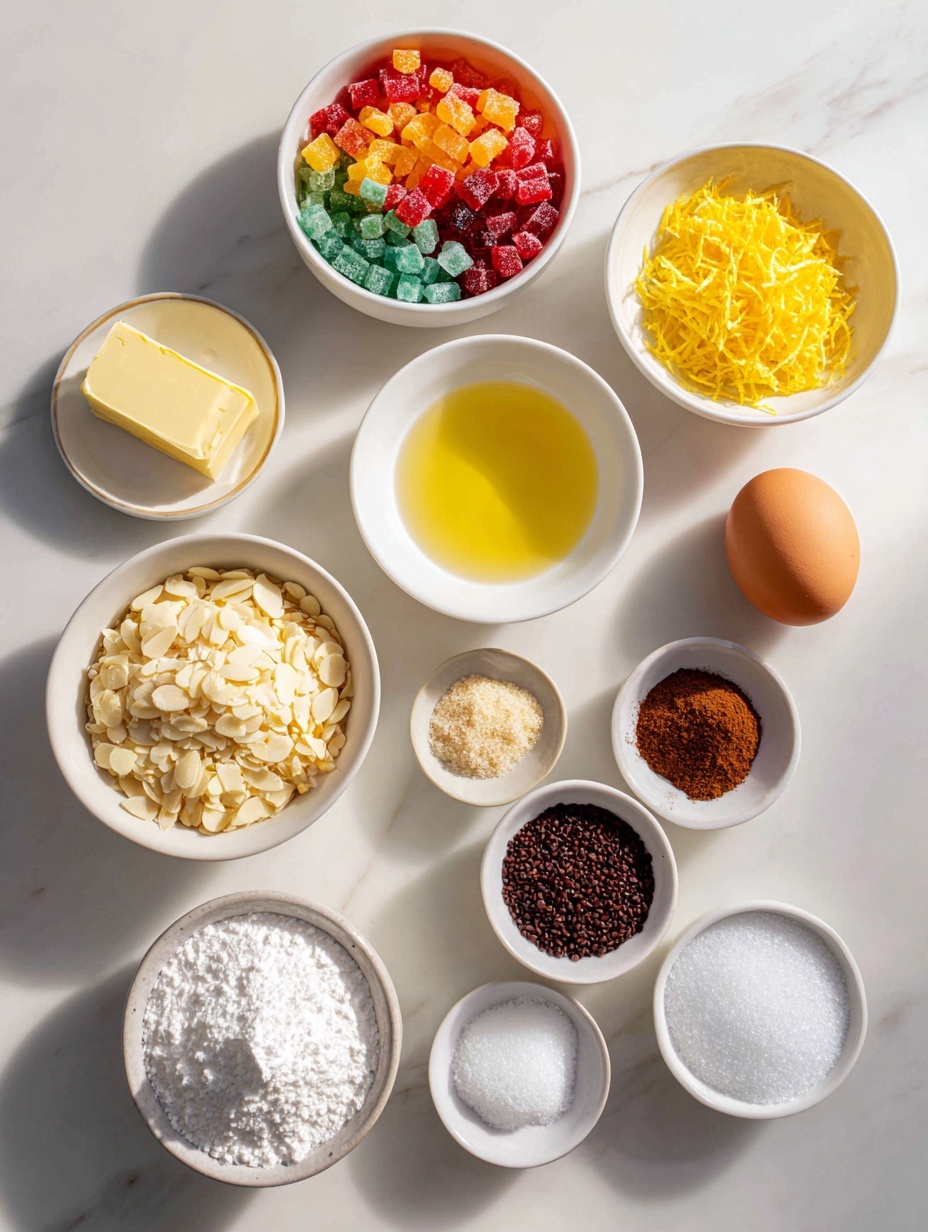 Flat lay of a small pile of finely diced colorful candied fruit, a neat mound of finely chopped whole almonds with skins on, a small white ceramic bowl of clear dry sherry, a small white ceramic bowl with freshly squeezed lemon juice, a few strands of bright yellow lemon zest, a pinch of fine salt crystals, a small white ceramic bowl of fine all-purpose flour, a small white ceramic bowl containing ground mixed spice, a whole stick of pale yellow butter at room temperature, a small white ceramic bowl of white granulated sugar, a small white ceramic bowl of dark brown sugar, and a single large whole brown egg with a clean shell, all arranged in perfect symmetry on a clean white marble surface, soft natural light, photo taken with an iPhone, professional food photography style, fresh ingredients, white ceramic bowls, no bottles, no duplicates, no utensils, no packaging --ar 2:3 --v 7 --p m7354615311229779997