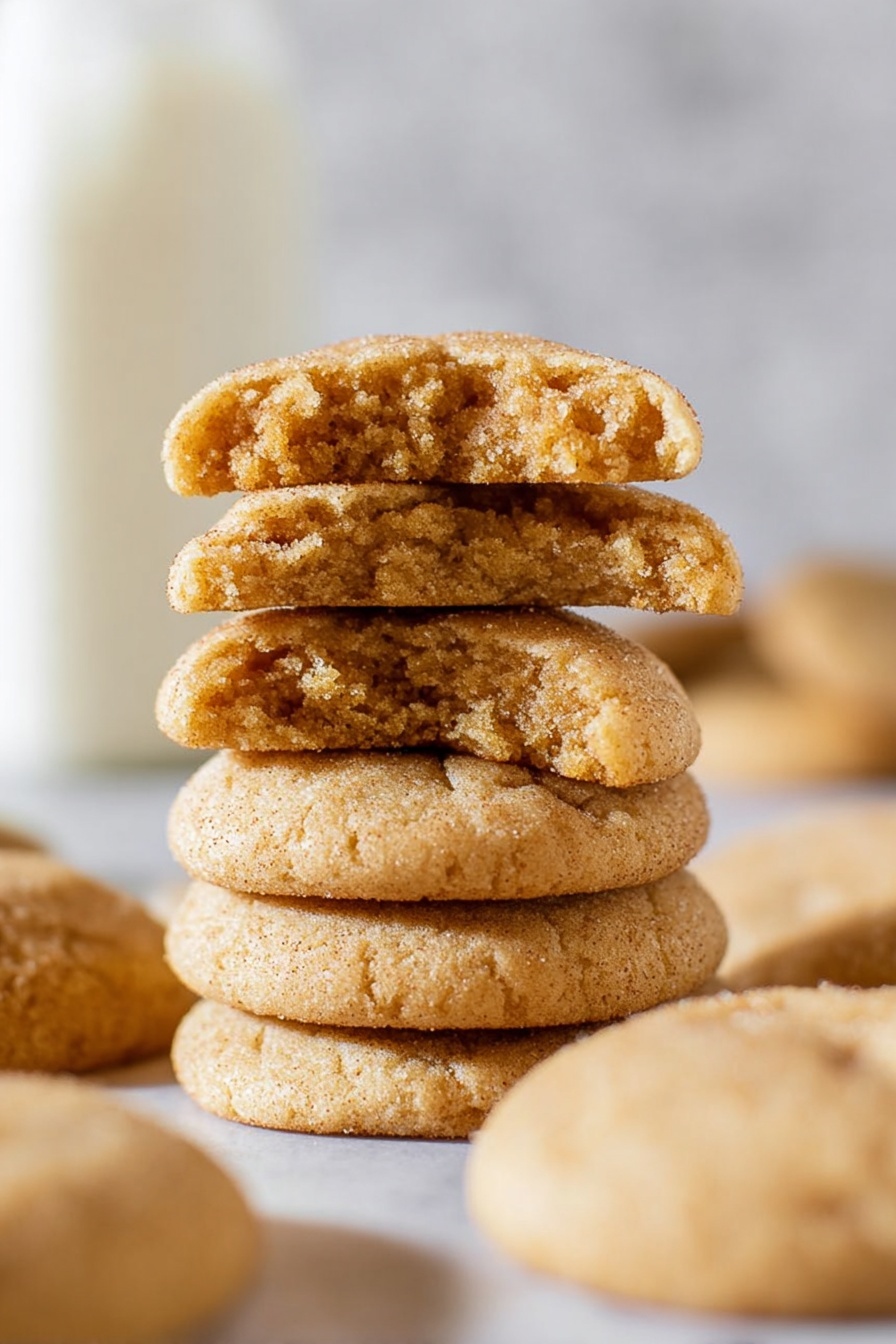 A stack of five soft, light brown cookies with a crumbly texture is shown in the center. The top cookie is slightly broken, revealing a soft, dense inside. Around the stack, there are more whole cookies lying flat, showing a smooth, slightly cracked surface. The background features a white marbled texture with a blurred white milk bottle behind the cookies. The light is soft and natural, highlighting the warm, golden-brown colors of the cookies. Photo taken with an iphone --ar 2:3 --v 7
