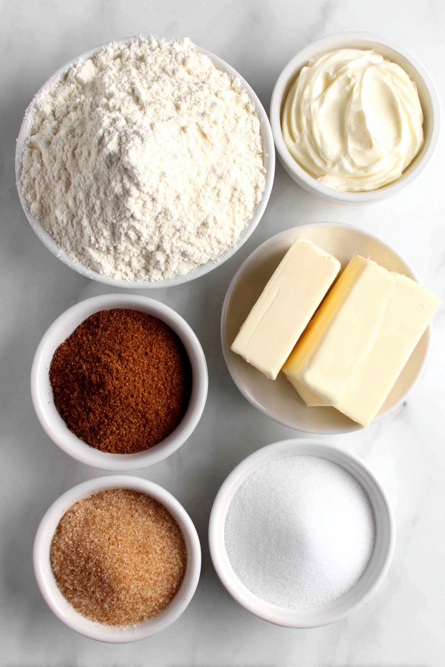 Flat lay of a small mound of all-purpose flour, a small white ceramic bowl with cream of tartar powder, a small white bowl containing baking soda, another small white bowl filled with ground cinnamon, a small white bowl of salt crystals, two sticks of unsalted butter side by side, a small white bowl of granulated sugar, a small white bowl of packed light brown sugar, one whole large egg with a clean shell, one whole large egg yolk on a small white ceramic dish, a small white bowl with pure vanilla extract, and a small white bowl holding a mixture of granulated sugar and ground cinnamon, all arranged symmetrically on a clean white marble surface, soft natural light, photo taken with an iPhone, professional food photography style, fresh ingredients, white ceramic bowls, no bottles, no duplicates, no utensils, no packaging --ar 2:3 --v 7 --p m7354615311229779997