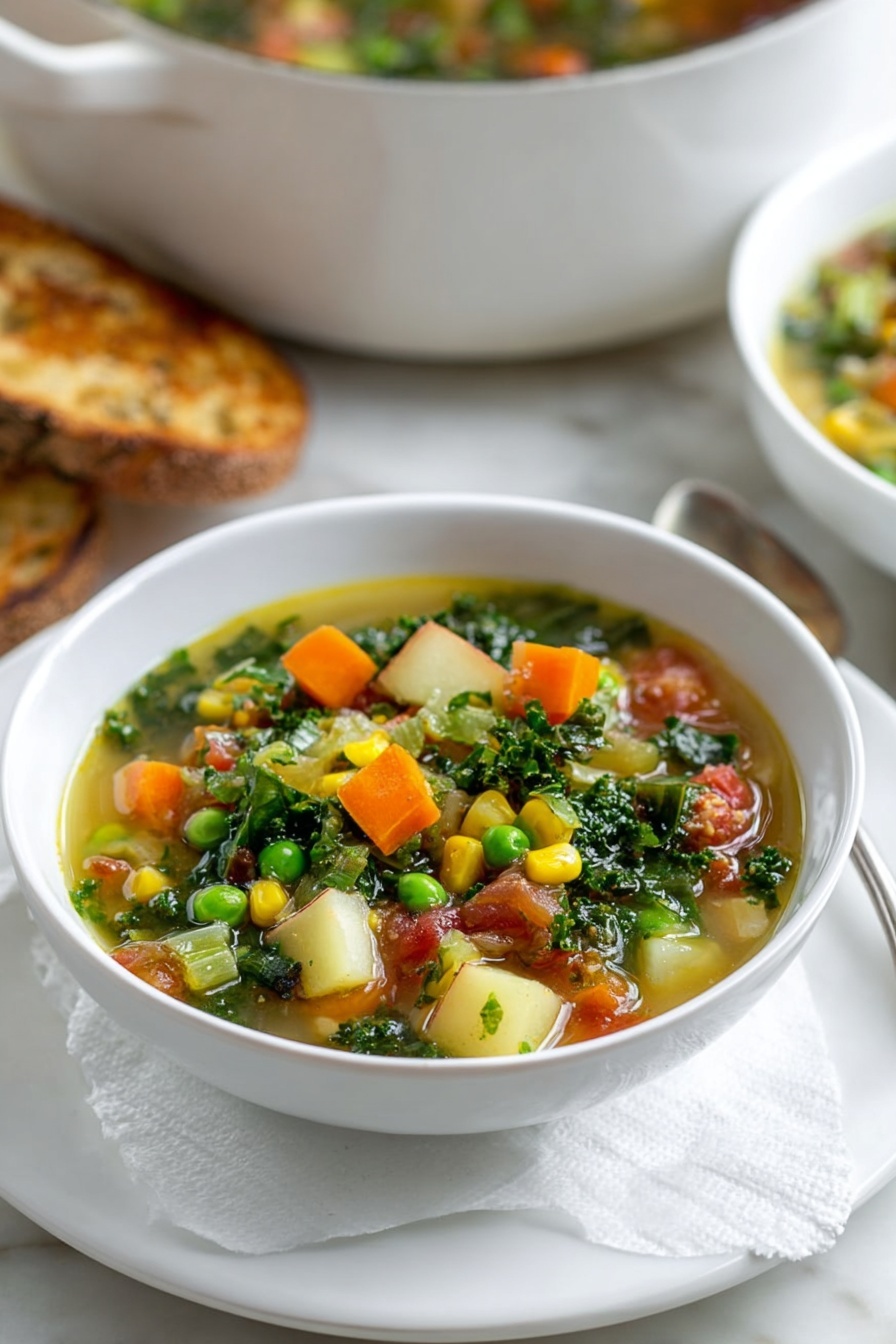 A white bowl filled with clear vegetable soup sits on a white plate over white marbled surface. The soup has many small cubed layers of carrots, potatoes, celery, and bright green peas, mixed with dark green kale and garnished with finely chopped parsley on top. Two pieces of rustic bread lie on the plate beside the bowl. Part of a white bowl is visible in the background. The photo is taken in natural light, making the colors of the vegetables bright and fresh. Photo taken with an iphone --ar 2:3 --v 7