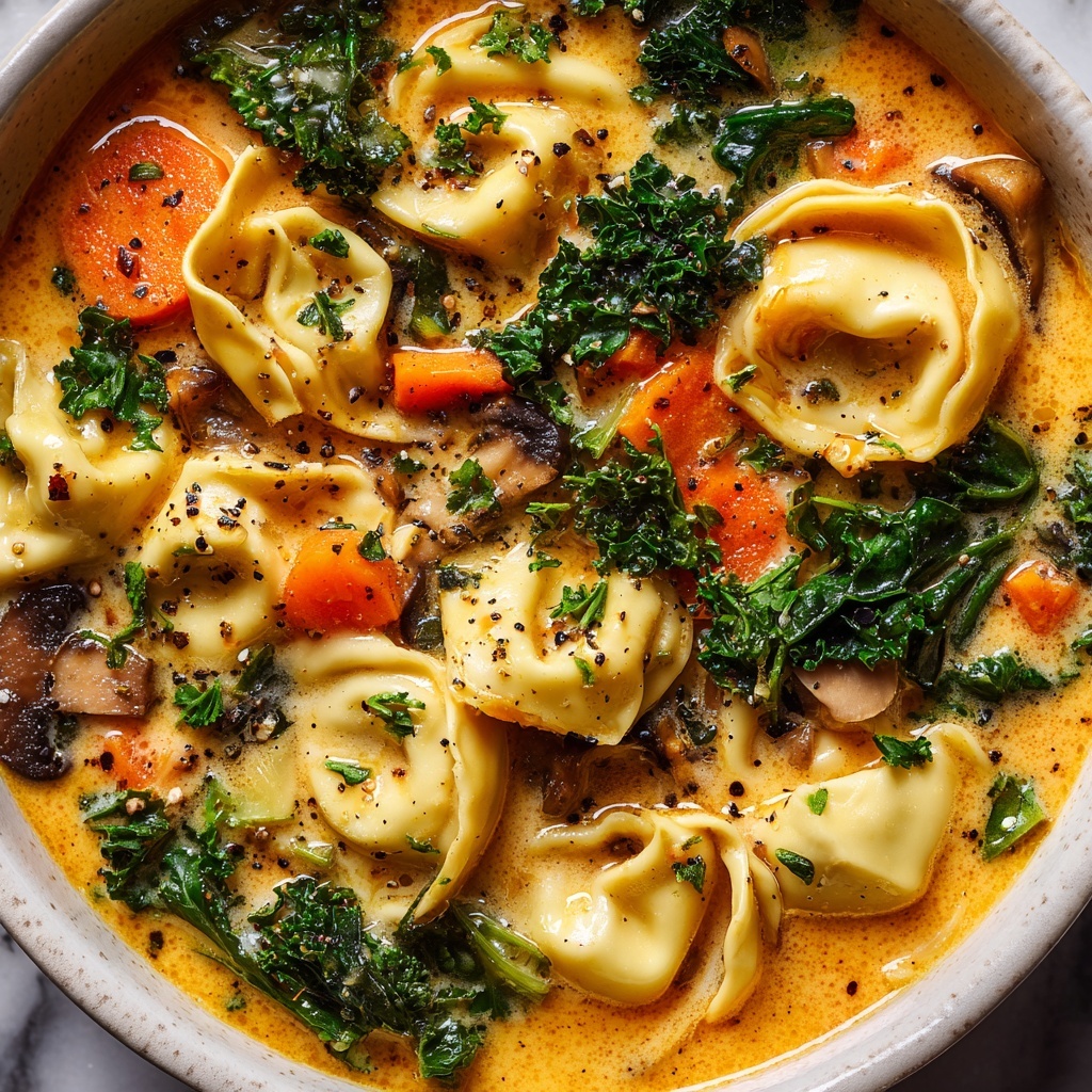 The image shows a close-up of a soup with creamy orange broth filled with wide, flat noodles that have a light beige color and curly edges. There are small chunks of bright orange carrots and dark green kale leaves scattered throughout. Small pieces of mushrooms and bits of onion are visible, adding darker brown and translucent colors. The soup has tiny black pepper specks on top, giving it a textured look. The dish is in a white bowl with a white marbled surface around it. photo taken with an iphone --ar 2:3 --v 7