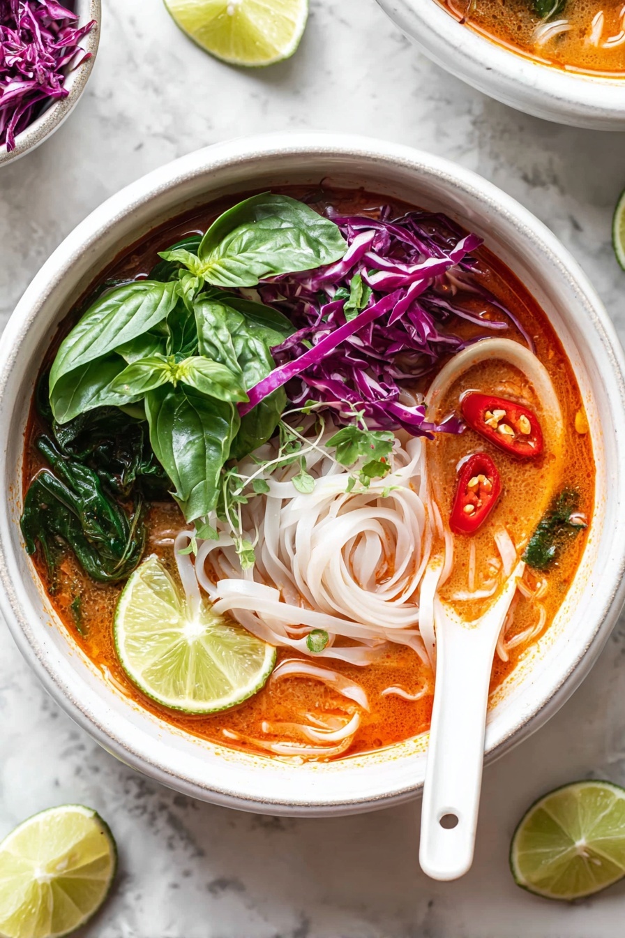 A white bowl holds a rich orange-red broth filled with white rice noodles that twist and float, topped on one side with fresh green spinach, torn basil leaves, and shredded purple cabbage. A wedge of lime rests on the edge of the bowl, with a few slices of red chili pepper visible among the noodles. A white ceramic spoon sits inside the bowl, partially submerged in the broth on the right side. The bowl is set on a white marbled surface with lime wedges scattered nearby. Photo taken with an iphone --ar 2:3 --v 7