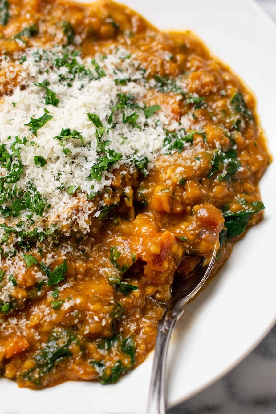 A close-up of a white plate filled with thick, creamy orange-brown stew with visible chunks of vegetables and greens mixed throughout. The stew is topped with a dusting of white grated cheese and small green herb leaves. A silver spoon rests partially inside the stew on the right side of the plate. The plate is placed on a white marbled surface with a light yellow and white striped cloth nearby. In the background, there is a glass of light yellow liquid with a lemon slice inside. photo taken with an iphone --ar 2:3 --v 7
