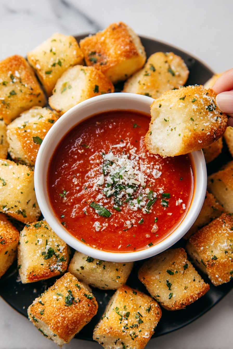 A white round bowl filled with bright red tomato sauce, topped with small green herb pieces and white grated cheese, sits in the center of a white marbled surface. Around the bowl are many small, square golden-brown bread pieces sprinkled with green herbs and white cheese, showing a crunchy texture. One bread piece is partly dipped in the sauce, held by a woman's hand, showing the softness inside the crispy outer layer. The bread pieces are placed closely, covering most of the white marbled surface under the bowl photo taken with an iphone --ar 2:3 --v 7