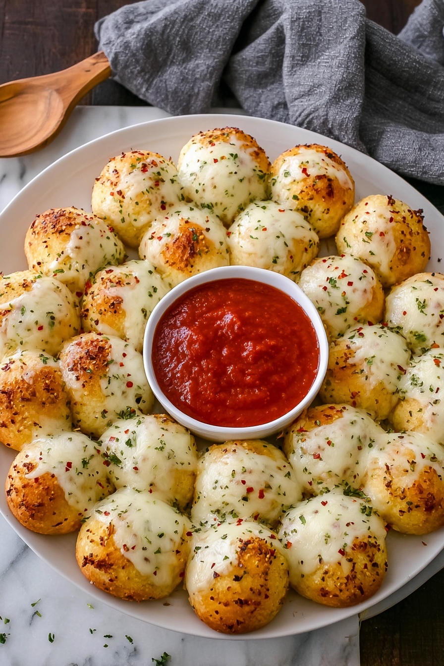 A round white plate holds a ring of 13 golden-brown bread balls topped with melted white cheese sprinkled with green herbs and small red flakes. The bread balls are arranged closely together forming a flower shape. At the center of the ring, there is a small white scalloped bowl filled with thick, rich red marinara sauce. A woman's hand is pulling one cheese-covered bread ball away from the ring, stretching the melted cheese in thin strings. The plate is placed on a white marbled surface with a beige cloth in the background. photo taken with an iphone --ar 2:3 --v 7