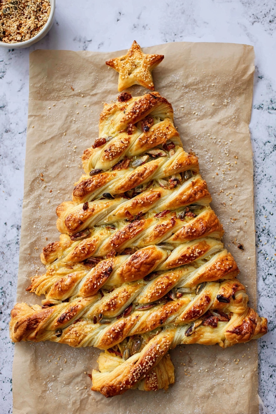 The image shows a pastry shaped like a Christmas tree on white parchment paper. The tree has layers made from twisted strips of golden-brown dough filled with visible red and green ingredients, creating a striped effect. The center trunk is a thicker rectangular piece of the same dough with seeds sprinkled on top, continuing up the tree with a variety of toasted seeds scattered along the middle line. The texture looks flaky and crisp, with darker browned spots at the edges of the twists. The entire pastry sits on a white marbled surface with some small gold confetti pieces near the edges. Photo taken with an iphone --ar 2:3 --v 7