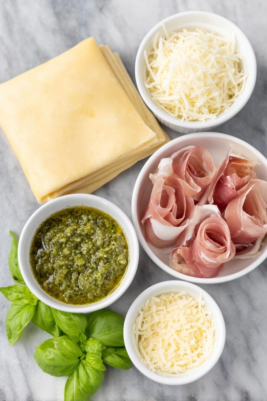 Flat lay of two sheets of pale, golden frozen puff pastry, a small white ceramic bowl filled with vibrant green basil pesto, five thin slices of rosy pink prosciutto arranged neatly, a small white bowl heaped with freshly shredded white mozzarella cheese, another small white bowl containing finely grated pale yellow Parmesan cheese, and a small handful of bright green fresh basil leaves placed on a simple white ceramic dish, all perfectly spaced and balanced, placed on a clean white marble surface, soft natural light, photo taken with an iPhone, professional food photography style, fresh ingredients, white ceramic bowls, no bottles, no duplicates, no utensils, no packaging --ar 2:3 --v 7 --p m7354615311229779997