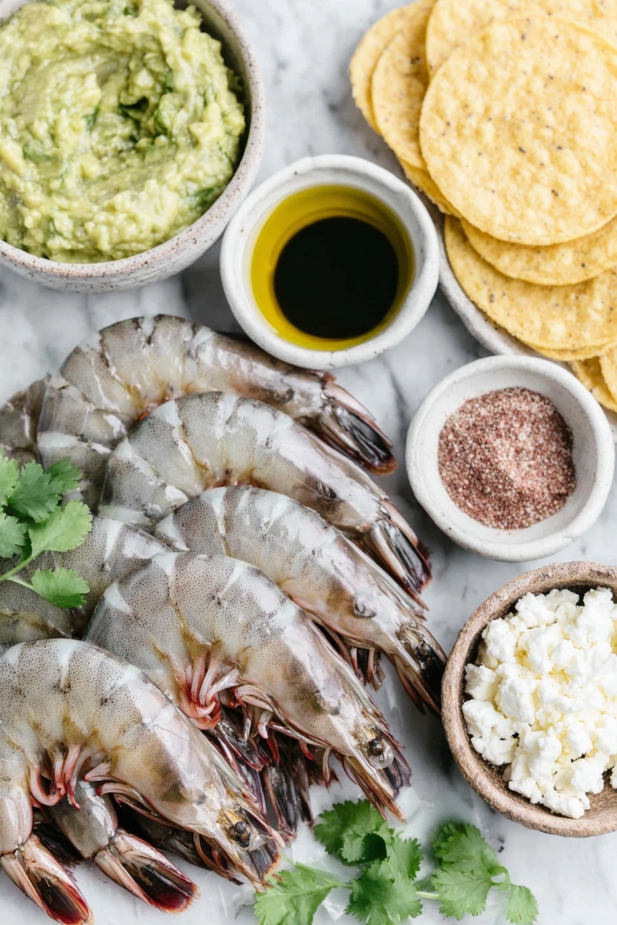 Flat lay of raw large shrimp with shells off, bright green fresh cilantro sprigs, a small white ceramic bowl of smooth green guacamole, a small white bowl of extra-virgin olive oil, a small white bowl containing vibrant yellow-red chili powder, another small white bowl with reddish-brown smoked paprika, a small white bowl with pale beige ground cumin, a small white bowl of kosher salt crystals, a halved fresh lime showing juicy pulp, a neat pile of round golden corn tortilla chips, and a small pile of crumbled white feta cheese, all arranged symmetrically on a clean white marble surface, soft natural light, photo taken with an iPhone, professional food photography style, fresh ingredients, white ceramic bowls, no bottles, no duplicates, no utensils, no packaging --ar 2:3 --v 7 --p m7354615311229779997