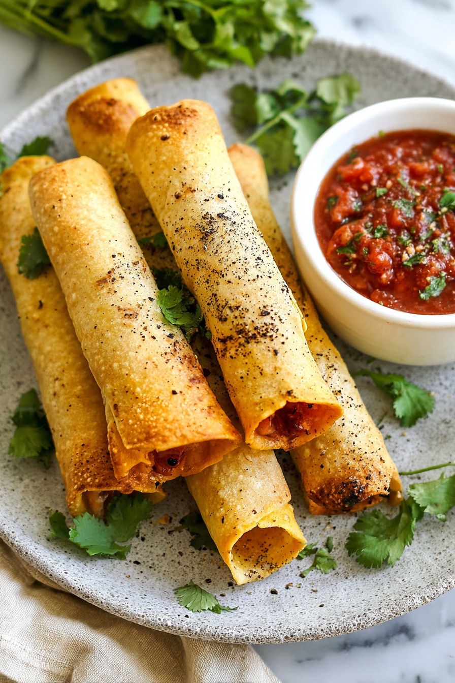 The image shows five golden-brown rolled taquitos placed on a white plate with a grey textured pattern. The taquitos have a crispy, slightly bumpy texture with some black pepper sprinkled on top. They are arranged in a loose cluster with fresh green cilantro leaves scattered around them, adding a bright contrast. On the right side of the plate, there is a small bowl filled with chunky red salsa, garnished with a few cilantro leaves. The scene is set on a white marbled surface, and a piece of beige cloth and more cilantro are partially visible in the background. photo taken with an iphone --ar 2:3 --v 7